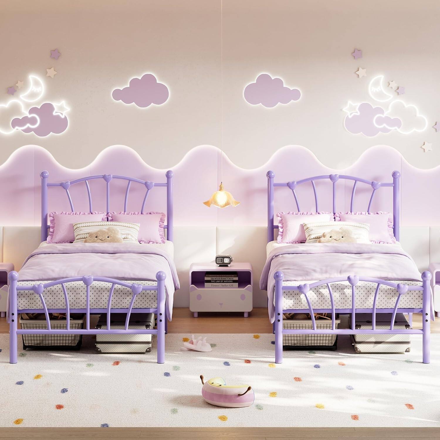 Alt View 2. Homhougo - Twin Size Metal Bed Frame, Twin Bed Frames for Girls, Twin Platform Bed with Heart-Shaped Design Headboard&Footboard, - Purple.