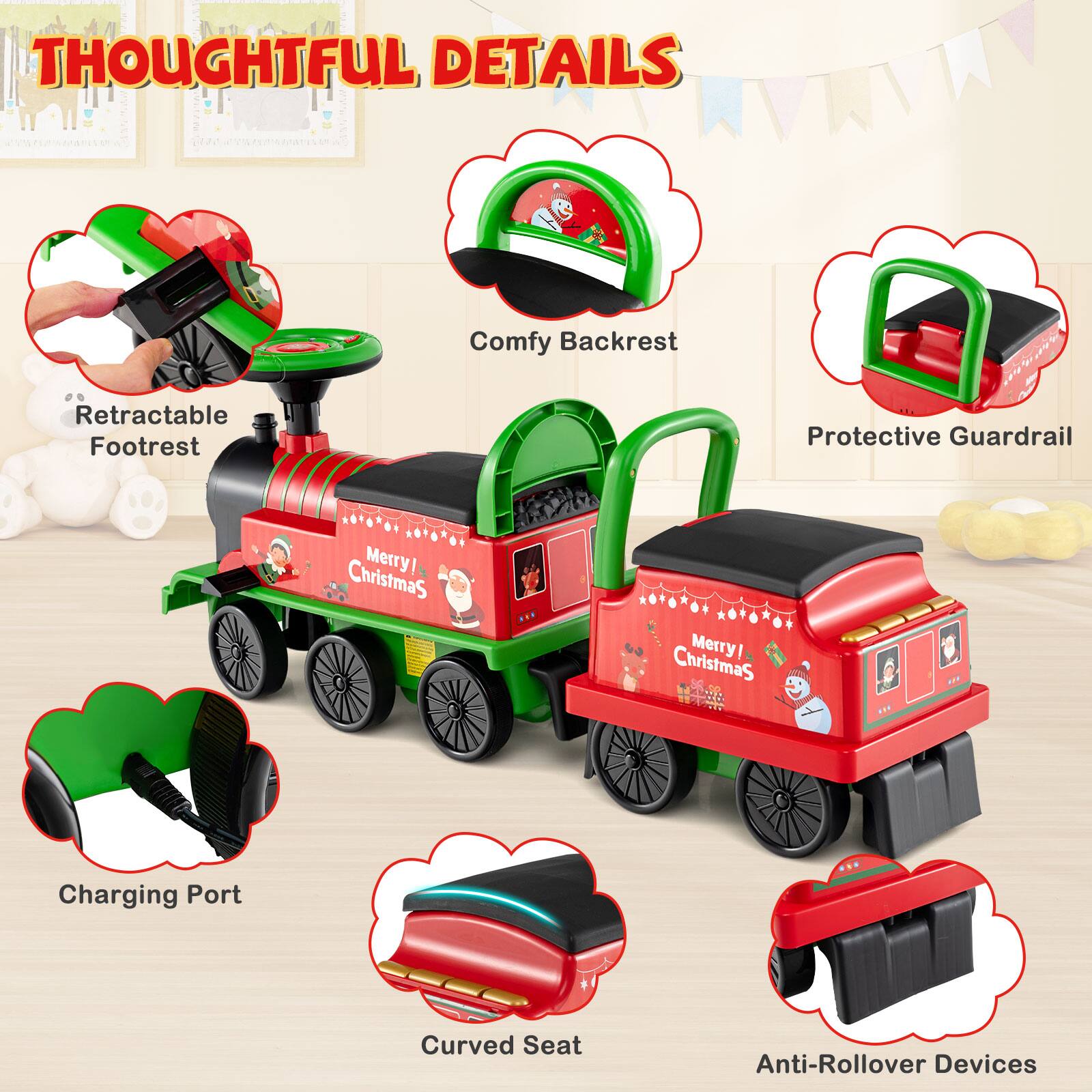 THOUGHTFUL DETAILS

- Comfy Backrest
- Retractable Footrest
- Protective Guardrail
- Charging Port
- Curved Seat
- Anti-Rollover Devices