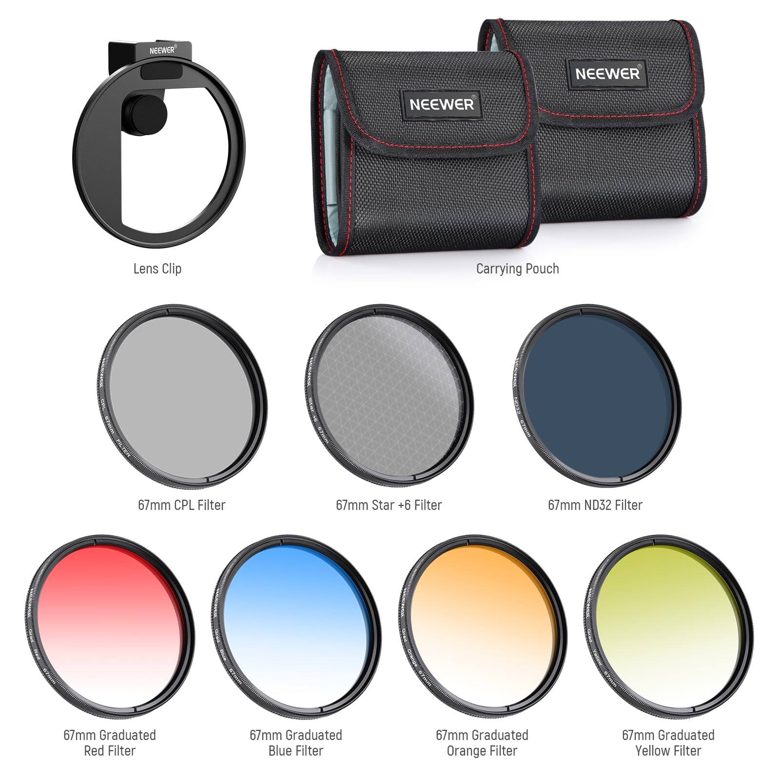 NEEWER Lens Clip Carrying Pouch  
67mm CPL Filter  
67mm Star +6 Filter  
67mm ND32 Filter  
67mm Graduated Red Filter  
67mm Graduated Blue Filter  
67mm Graduated Orange Filter  
67mm Graduated Yellow Filter