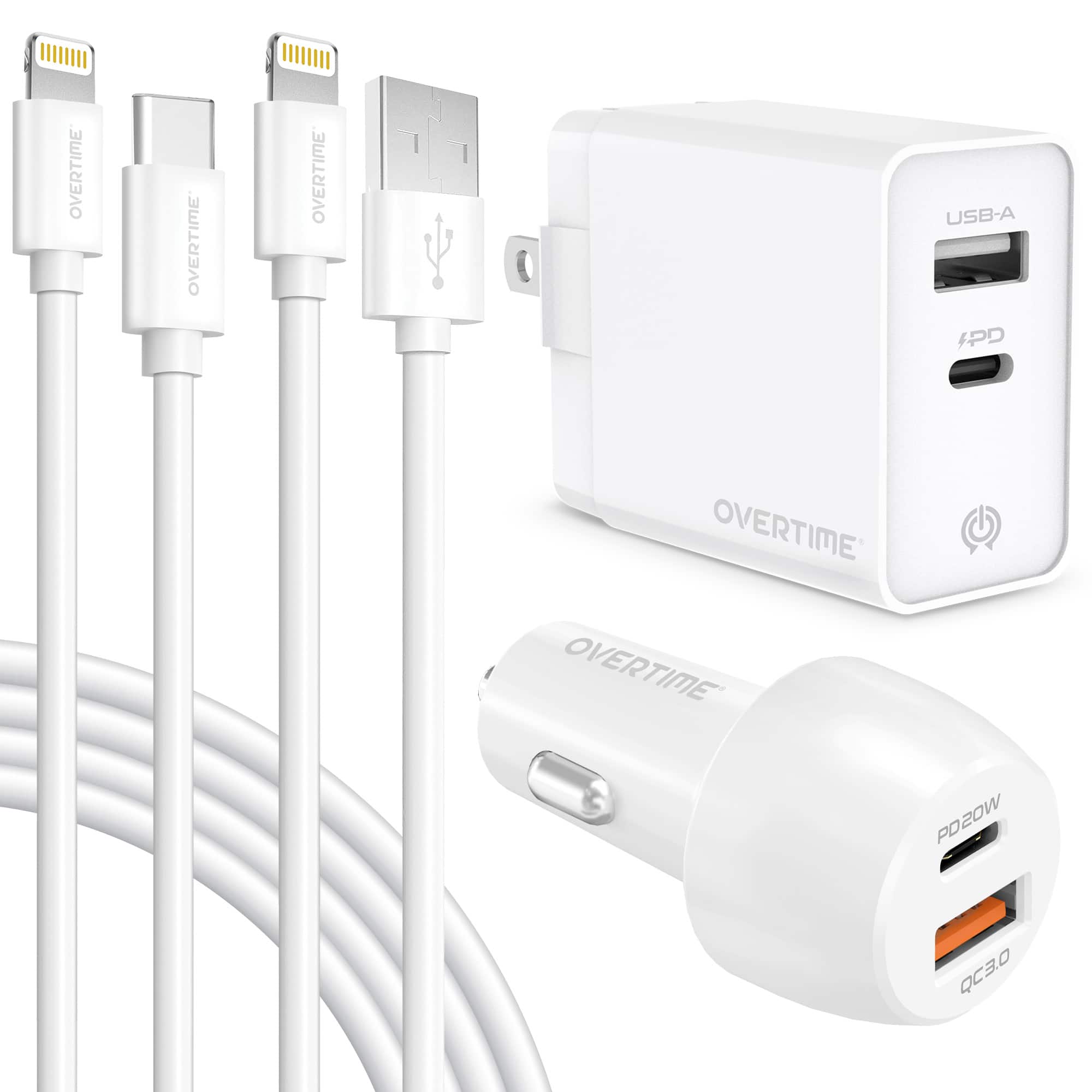 Overtime - 38W iPhone Fast Charger Kit with Dual Port Wall Charger, Car Charger, and 6ft Lightning Cables, White - White