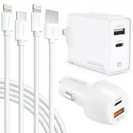 Overtime - 38W iPhone Fast Charger Kit with Dual Port Wall Charger, Car Charger, and 6ft Lightning Cables, White - White