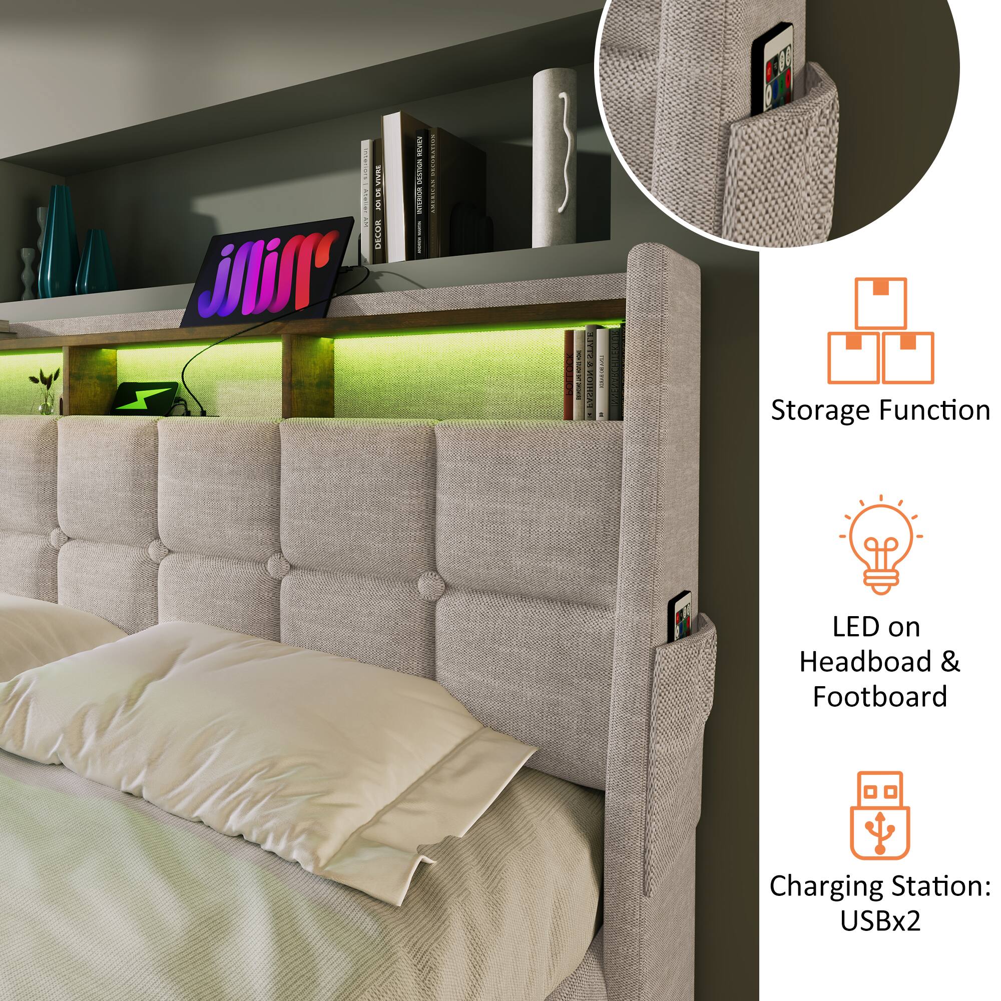 - Storage Function
- LED on Headboard & Footboard
- Charging Station: USBx2