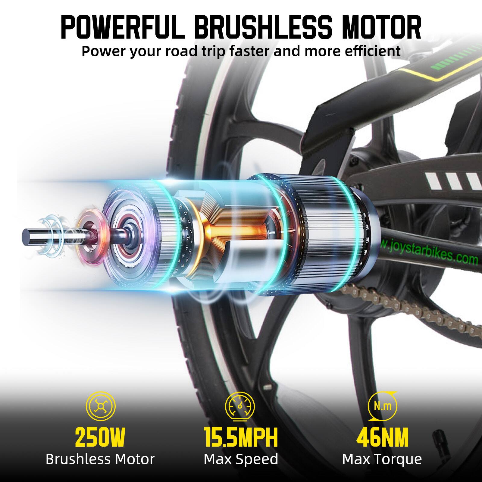 POWERFUL BRUSHLESS MOTOR  
Power your road trip faster and more efficient  

250W Brushless Motor  
15.5MPH Max Speed  
46NM Max Torque  

www.joystarbikes.com