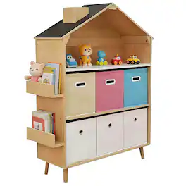 Malletson - House-Shaped Children's Storage Rack / Toy Storage Organizer With Bookself and Fabric Bins for Kids' Rooms, Playrooms - Multicolor