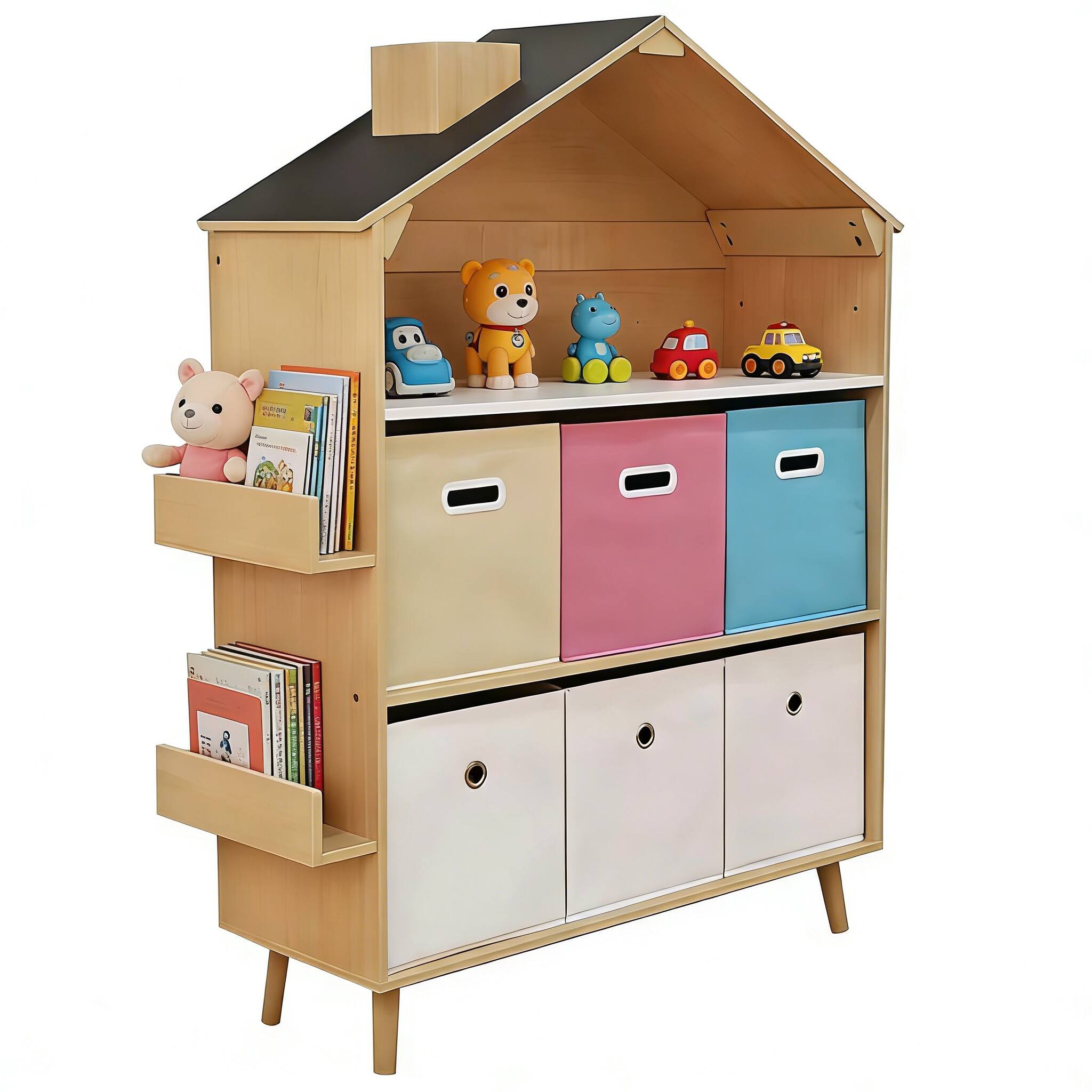 Malletson - House-Shaped Children's Storage Rack / Toy Storage Organizer With Bookself and Fabric Bins for Kids' Rooms, Playrooms - Multicolor