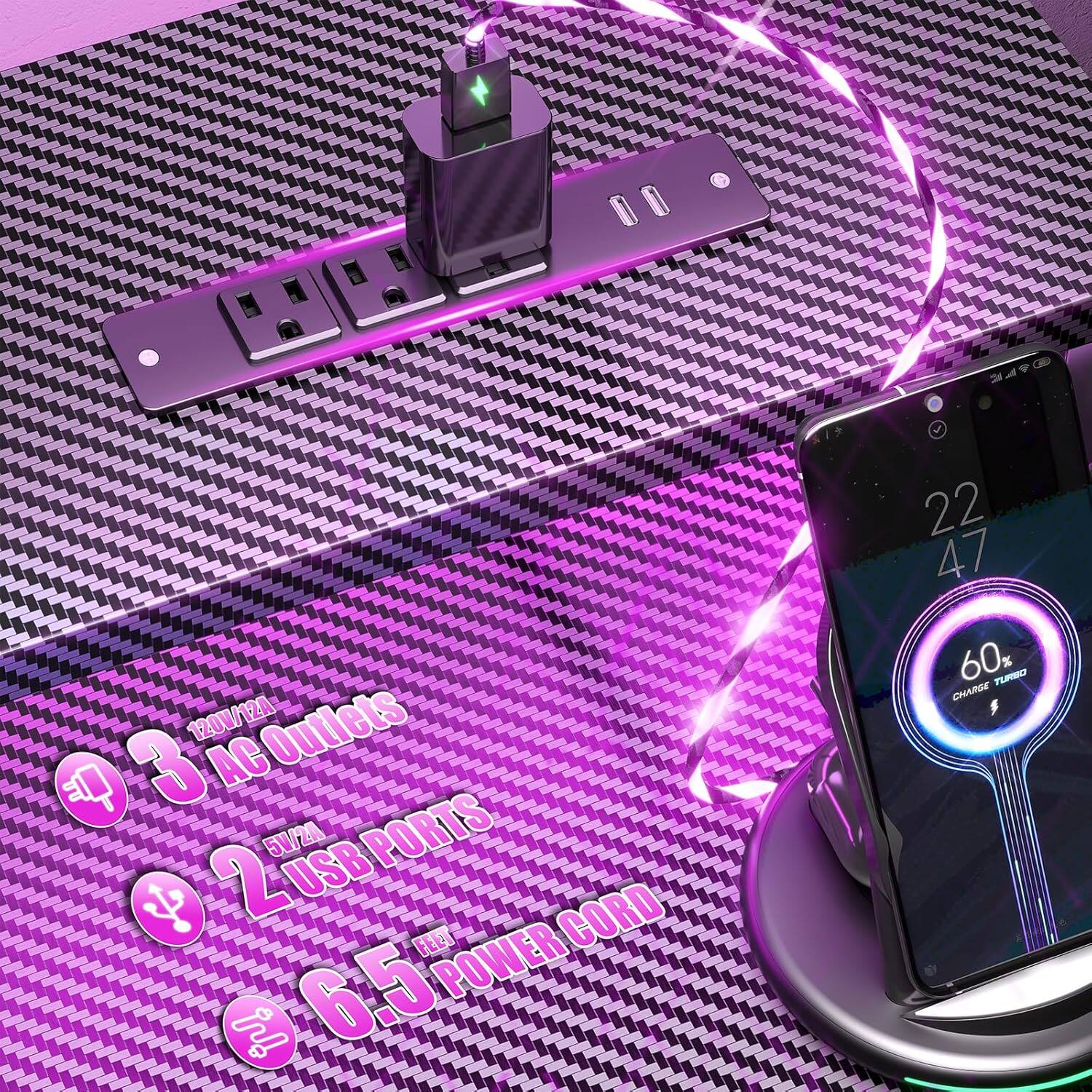 120W/12A 3 AC Outlets  
5W/2A USB Ports  
2 Cord Feet  
6.5 Power  
22 47 60% Turbo Charge