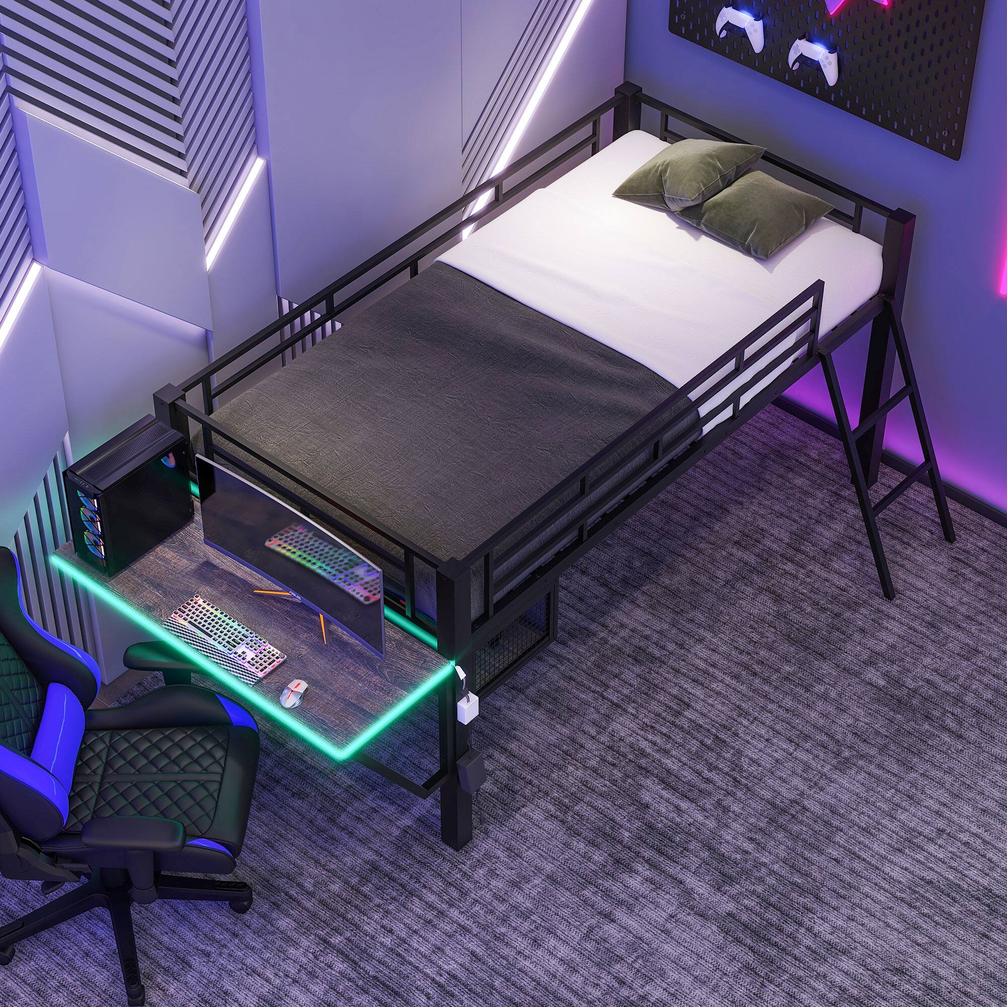 Alt View 2. PexFix - Loft Gaming Bed with Desk & Storage, LED Kids Bed Frame with Sturdy Metal Construction for Small Bedrooms - Black.