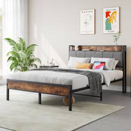 LUCKY ONE - Full Size Bed Frame with Storage Headboard, USB Charging Station, Upholstered Design, Metal Slats, No Box Spring Needed - Black
