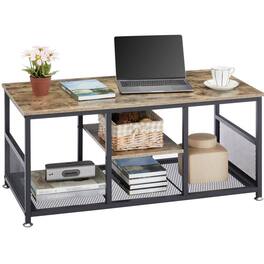 Hivvago - Modern Industrial Metal Grey Wood Coffee Table with Bottom Storage Shelves - Gray