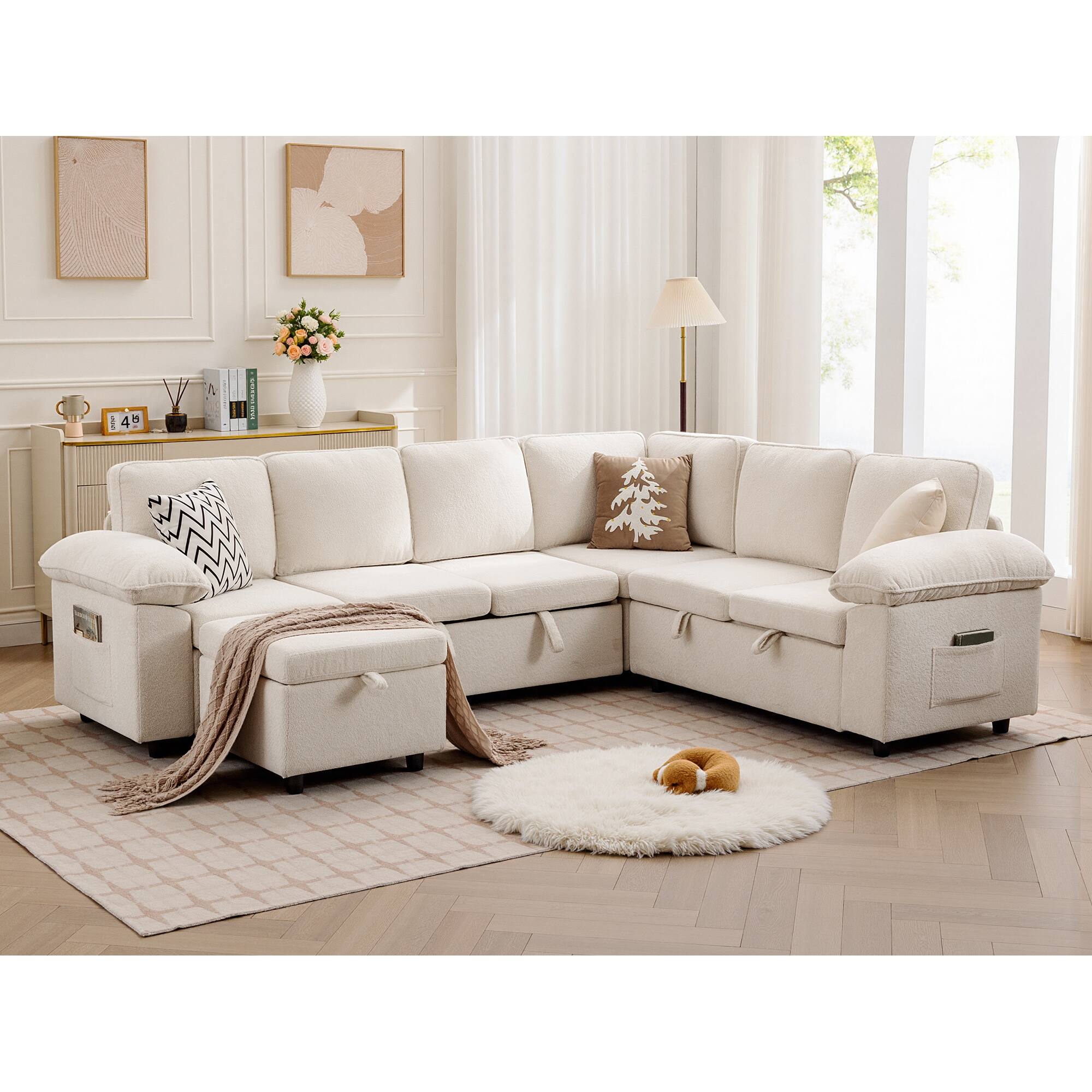 Alt View 1. KERDOM - Oversized Pullout Sofa Couch with Storage Ottoman, Side Pocket, Washable Covers, Sectional Sofa Bed Free Combination - White-A.