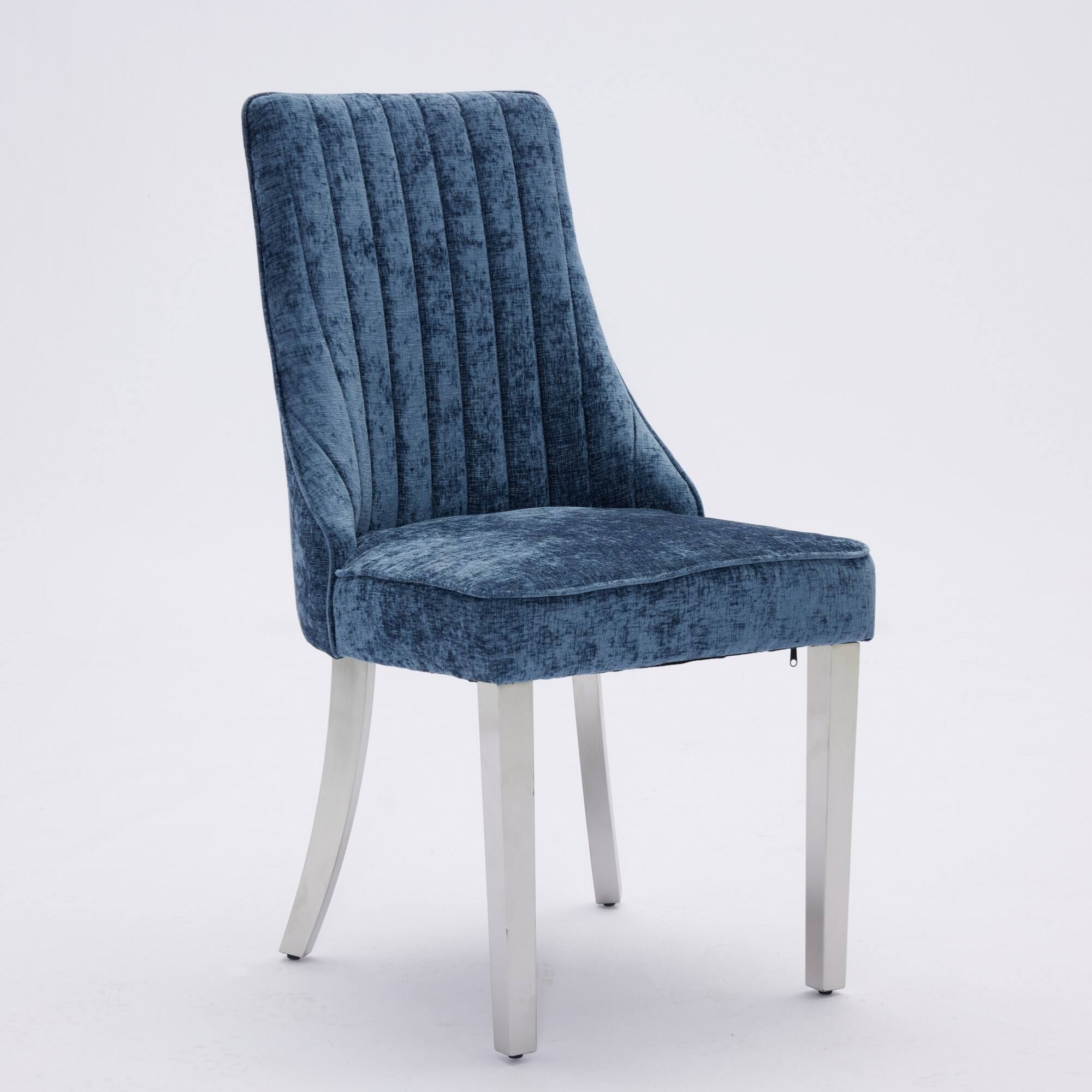 Left. GOODSILO - Luxury Chenille Fabric Upholstered Dining Chairs with Golden Stainless Steel Legs, Set of 2 - Blue.