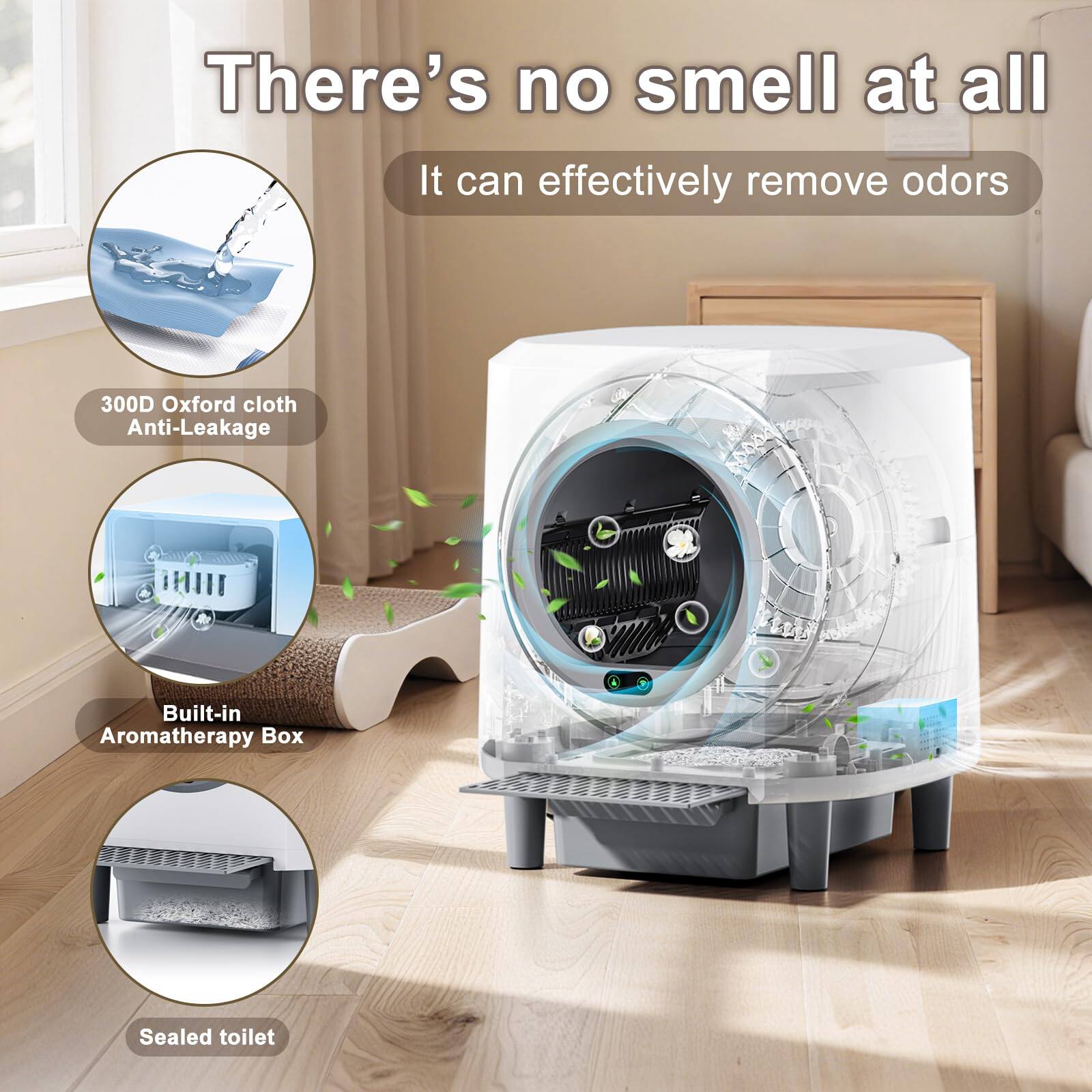There's no smell at all  
It can effectively remove odors  

300D Oxford cloth Anti-Leakage  
Built-in Aromatherapy Box  
Sealed toilet