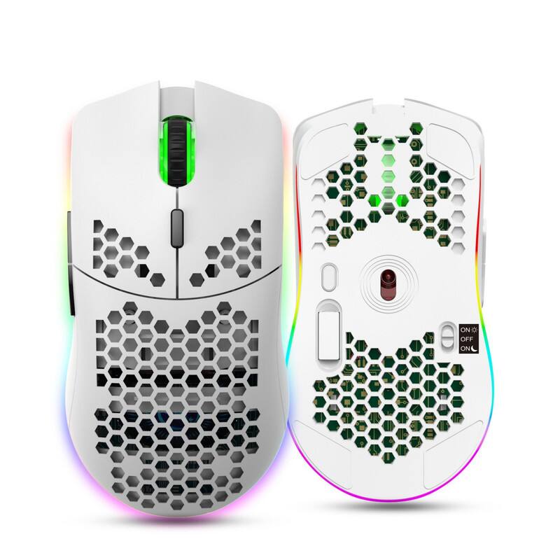 Angle. SKRAN - Honeycomb Wireless Mouse 2.4G - Lightweight, Easy-to-Use 6-Button, RGB Backlit for Gamers & Office Workers - White.