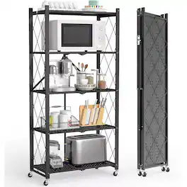 Sugift - 5-Tier Foldable Storage Shelves, Metal Storage Rack with Wheels - Black