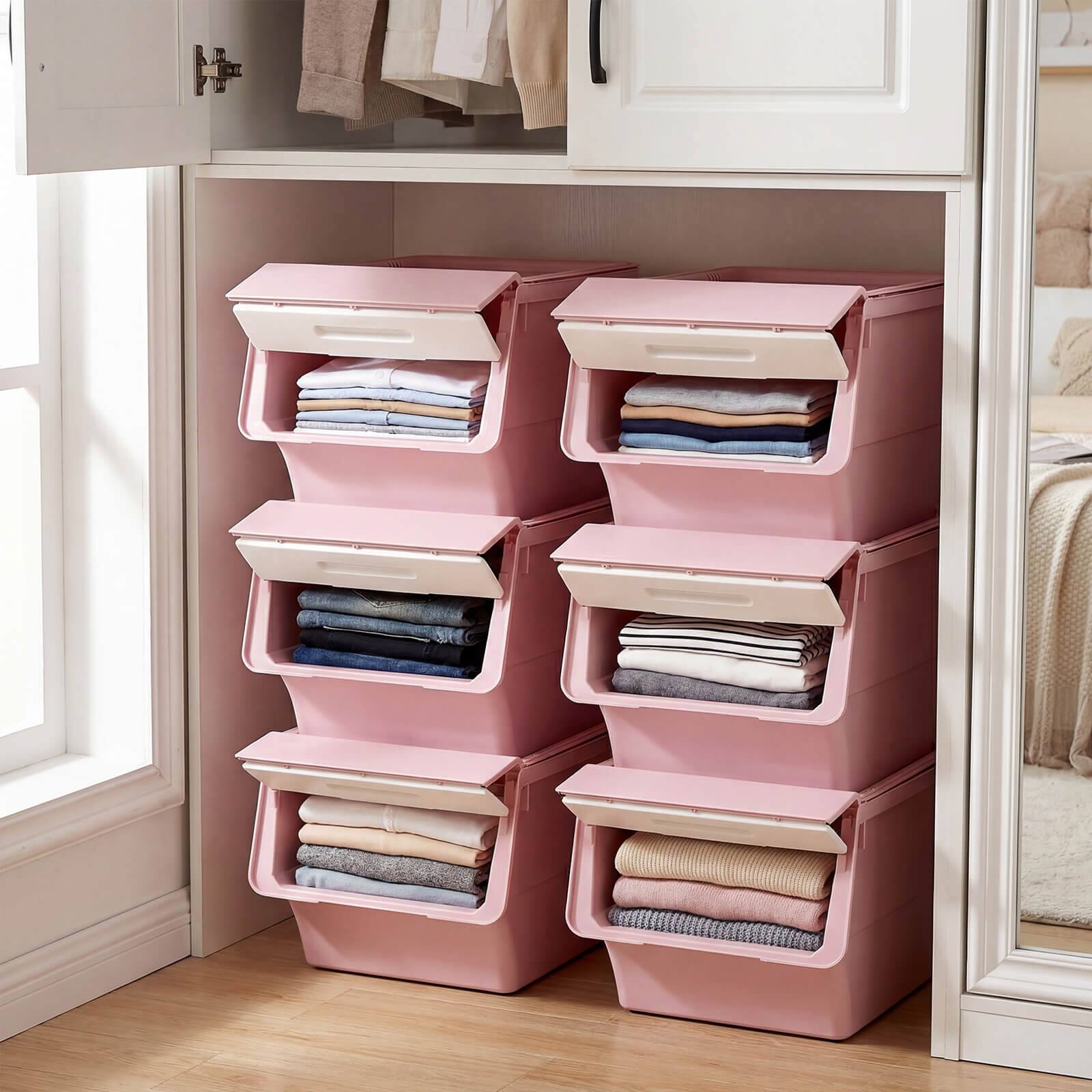 Alt View 4. Costway - Costway 3 PCS Storage Bins on Wheels with Stay-Open Lid for Kitchen Bedroom Laundry Closet - White + Pink.