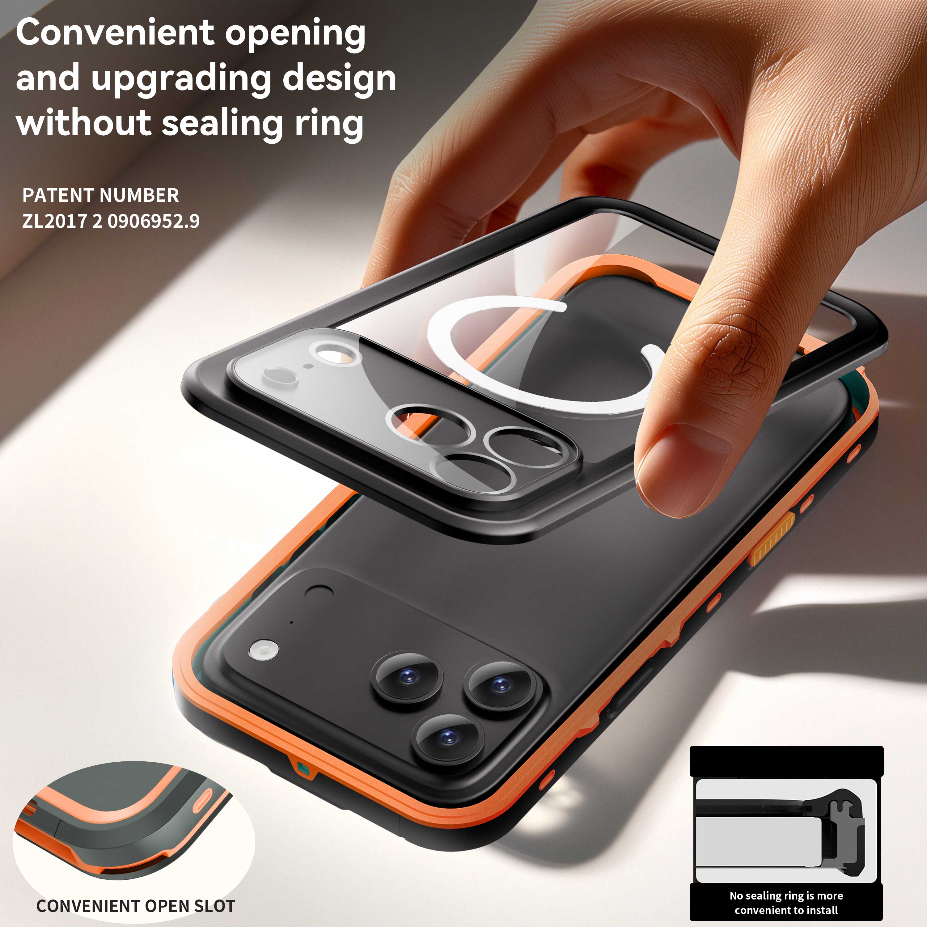 Convenient opening and upgrading design without sealing ring  
PATENT NUMBER ZL2017 2 0906952.9  

CONVENIENT OPEN SLOT  
No sealing ring is more convenient to install