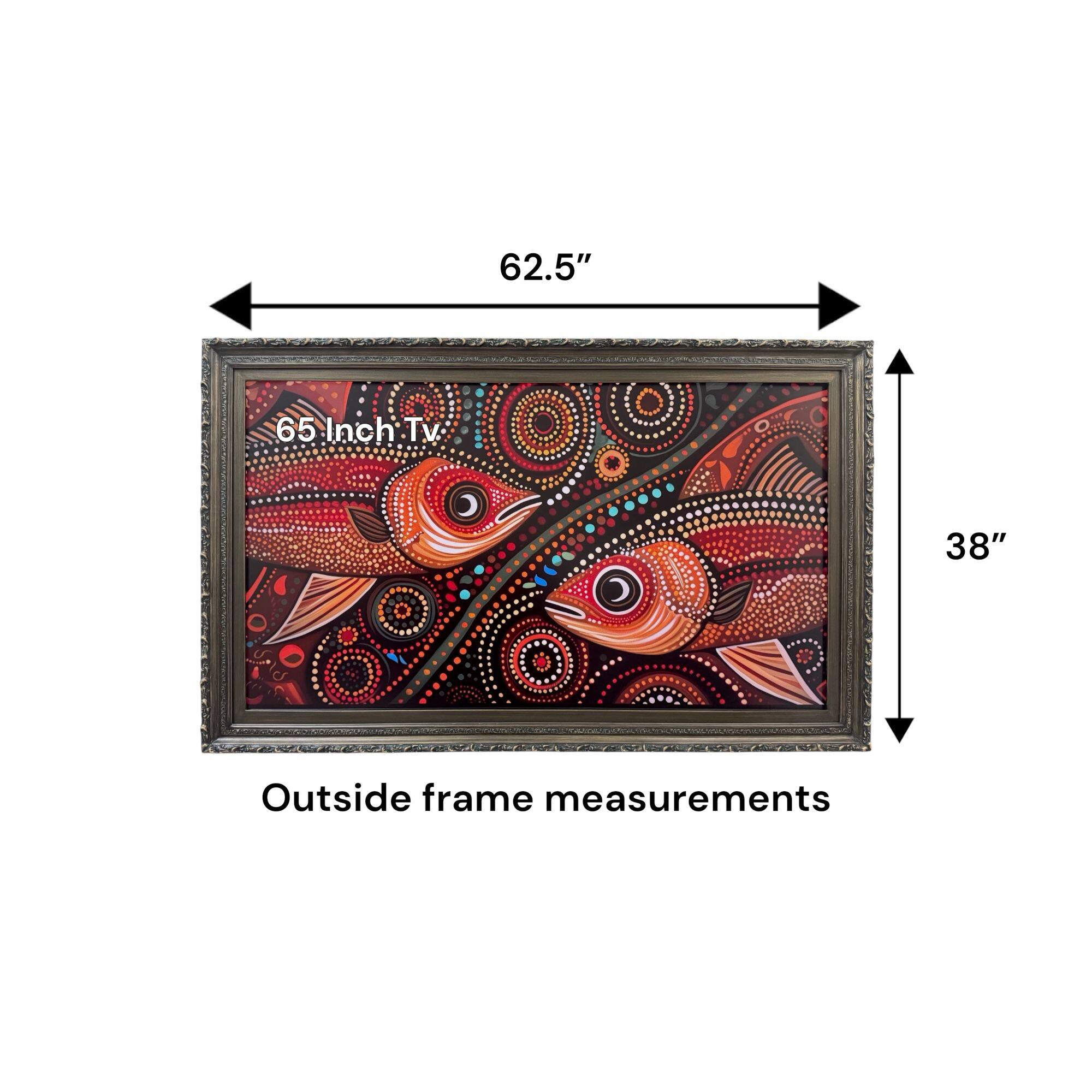 62.5" x 38" Outside frame measurements. 65 Inch Tv.