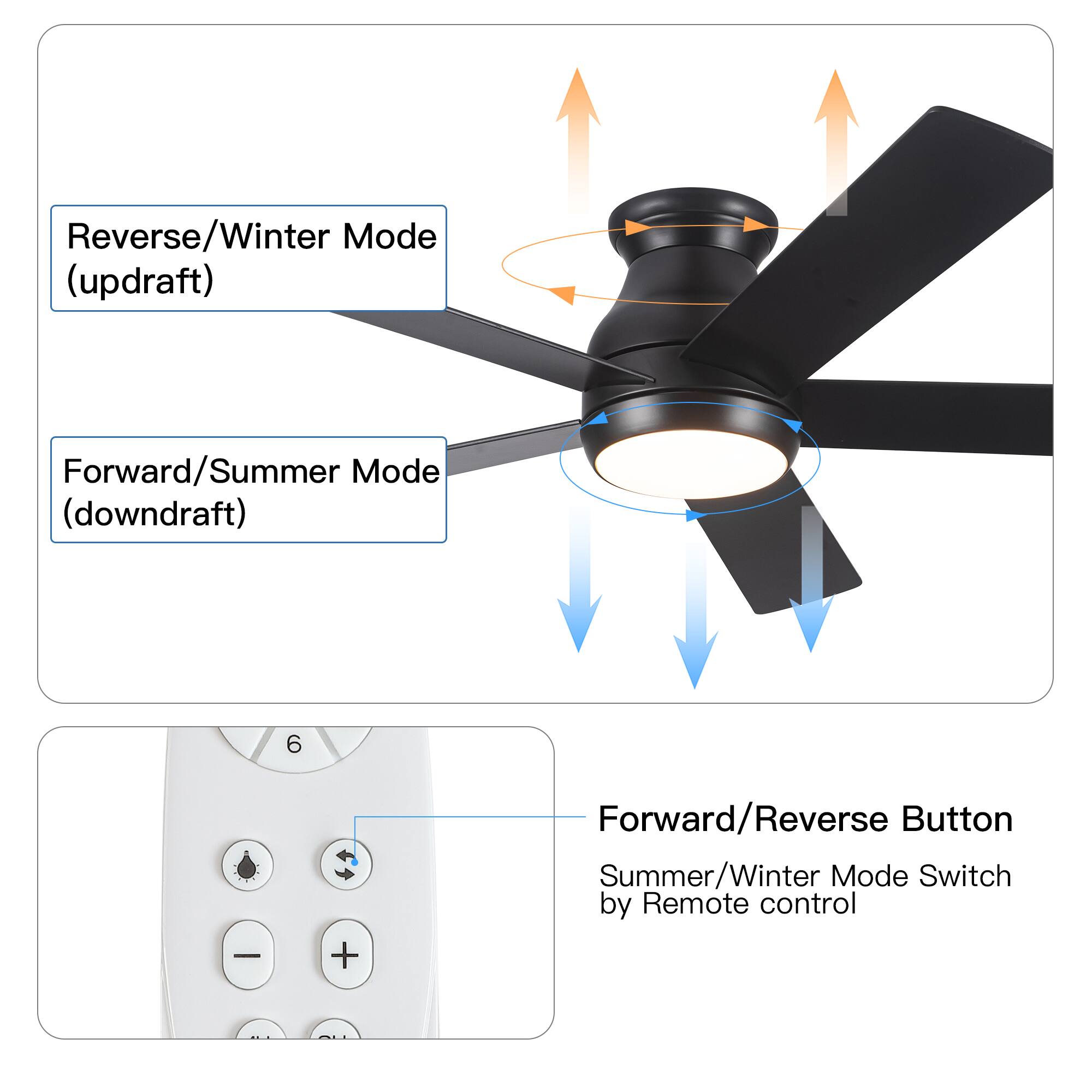 Reverse/Winter Mode (updraft)  
Forward/Summer Mode (downdraft)  

Forward/Reverse Button  
Summer/Winter Mode Switch by Remote control