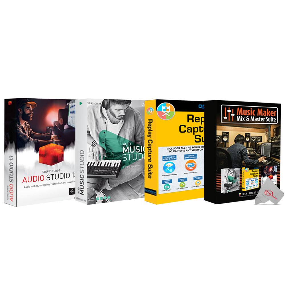 Sure, here is the corrected and grouped text:

**Sound Forge Audio Studio 13**
- Audio editing, recording, restoration and mastering

**Sound Forge Studio**
- Music Studio

**Replay Capture Suite**
- Includes all the tools you need to capture audio, video or both
- Replay Capture
- Replay Capture Suite

**Music Maker Mix & Master Suite**
- Tech Smart

**ACID Music Studio**
- Simply Creative

**Version 11**