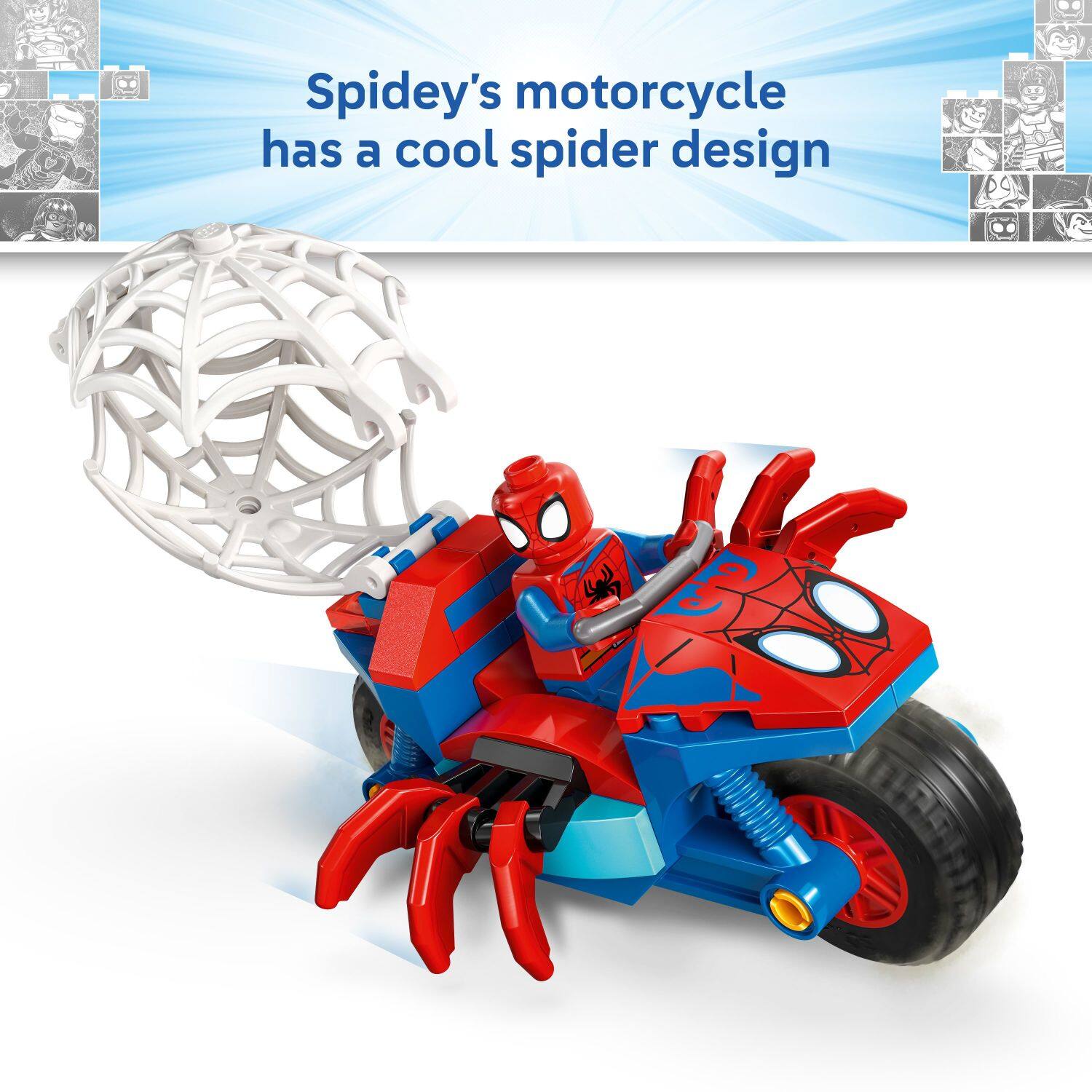 Spidey's motorcycle has a cool spider design
