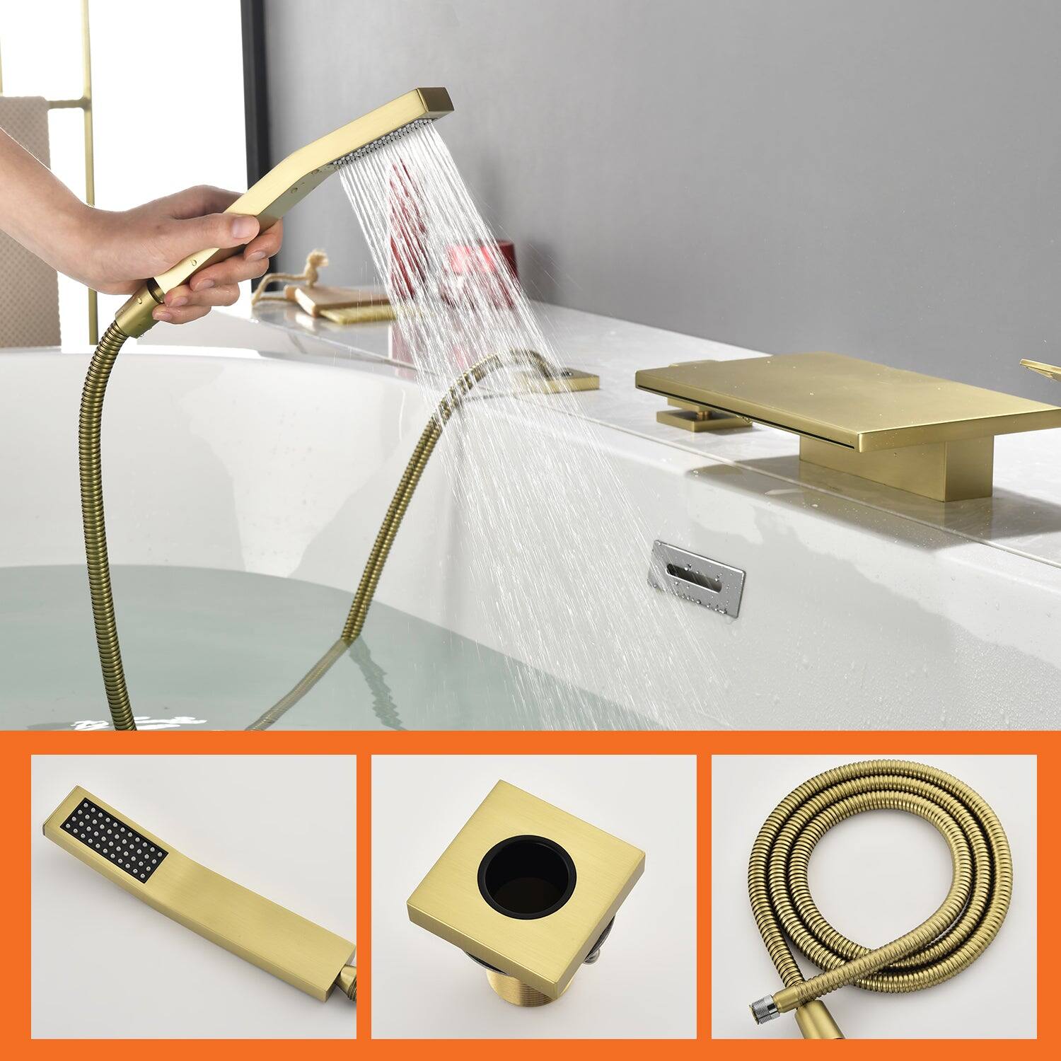 Alt View 4. Boyel Living - 10.24 in.W Brushed Gold Bathtub Hot and Cold Water Faucet with Waterfall Spout and Handheld Shower - Brushed Gold.