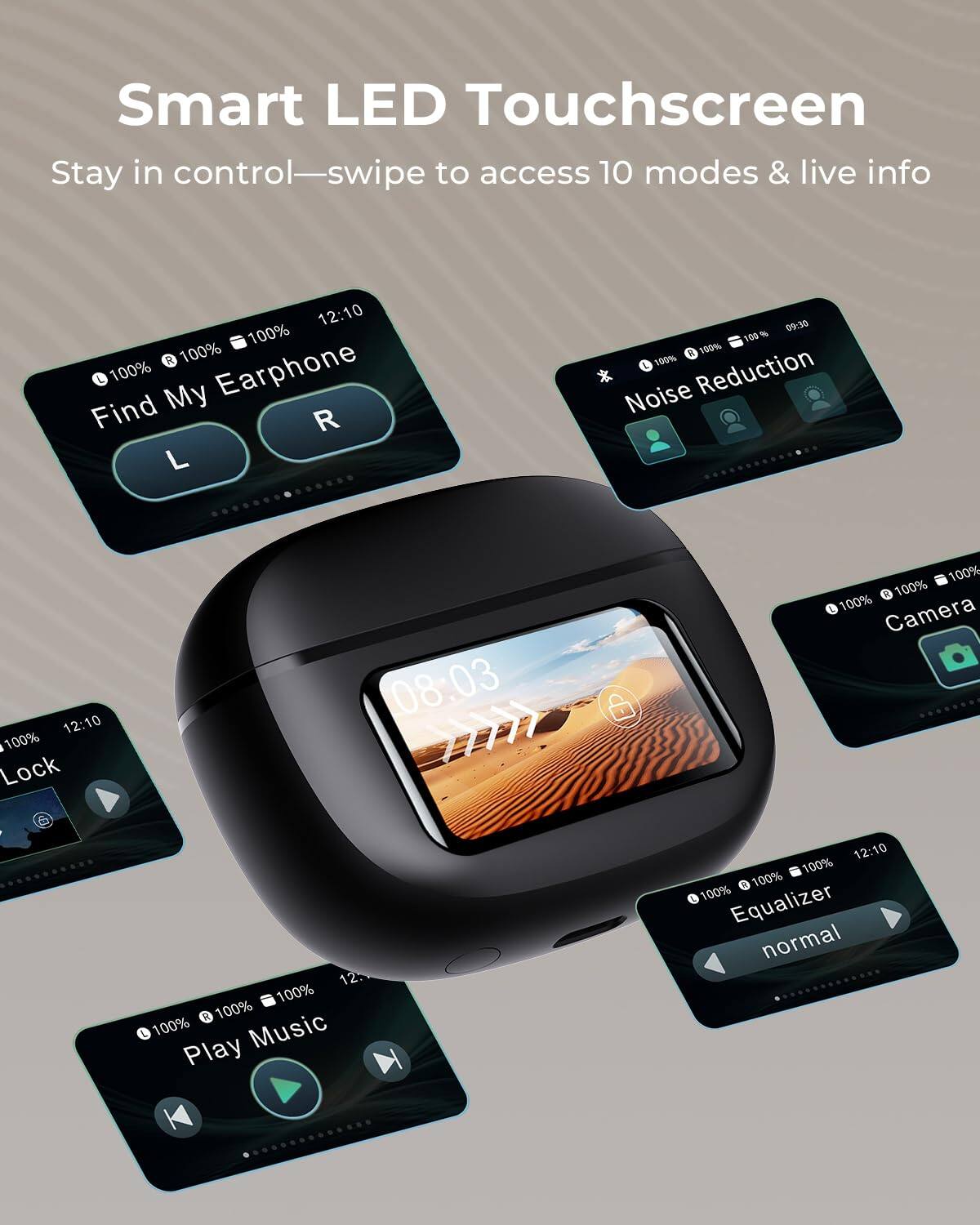 Smart LED Touchscreen  
Stay in control—swipe to access 10 modes & live info  

- Find My Earphone  
  100% R 100% L  
- Noise Reduction  
  100%  
- Lock  
  08:03  
- Camera  
  100%  
- Play Music  
  100%  
- Equalizer  
  normal