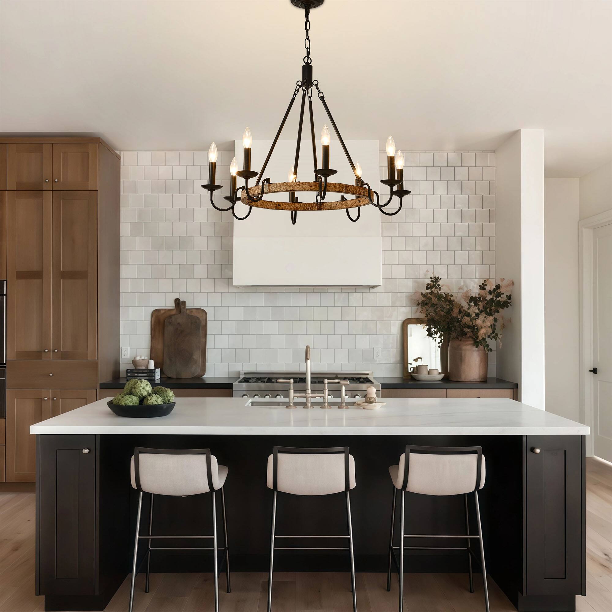 Left. RYHNUYNE - BAOURE 6-Light Rustic Wagon Wheel Chandelier, Farmhouse Dining Room Light Fixture, Round Wood Chandelier for Living Room - Black.