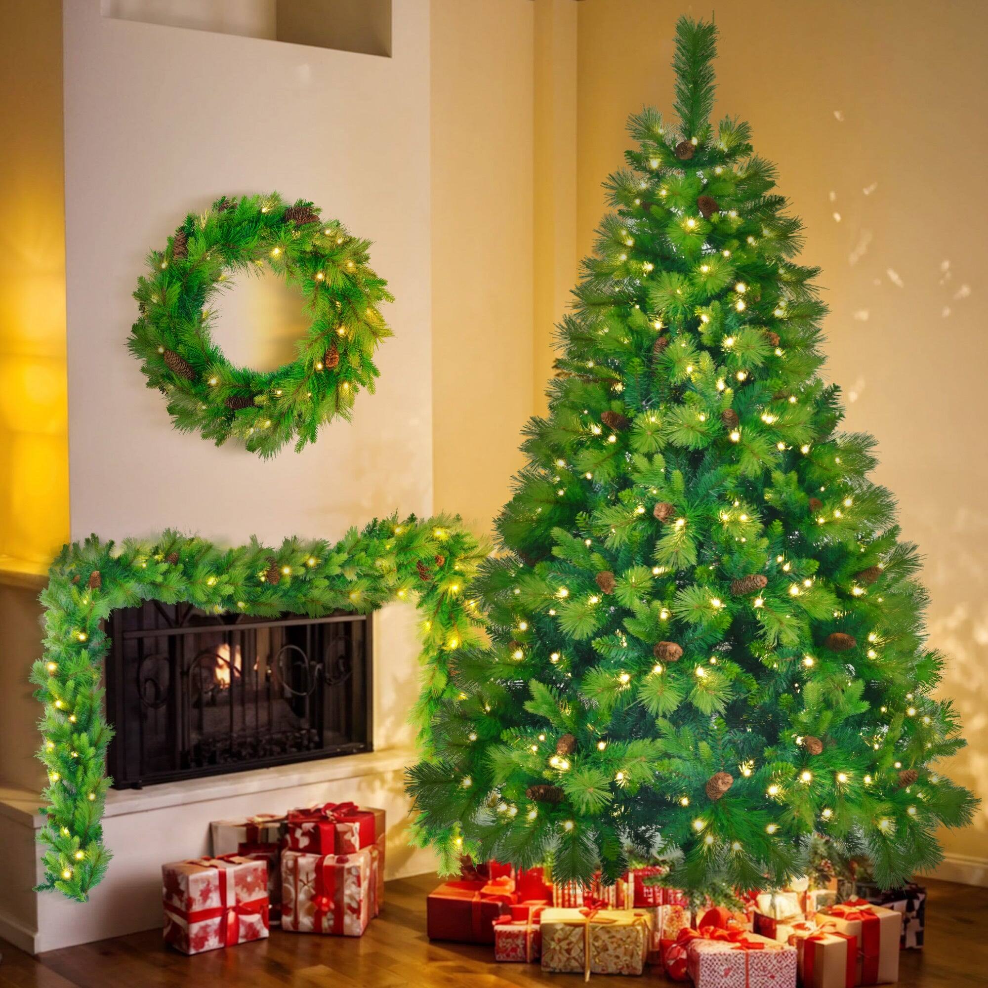 Angle. BreeBe - 6FT Grass Pre-Lit Set with Tree & Garland & Wreath - Green.