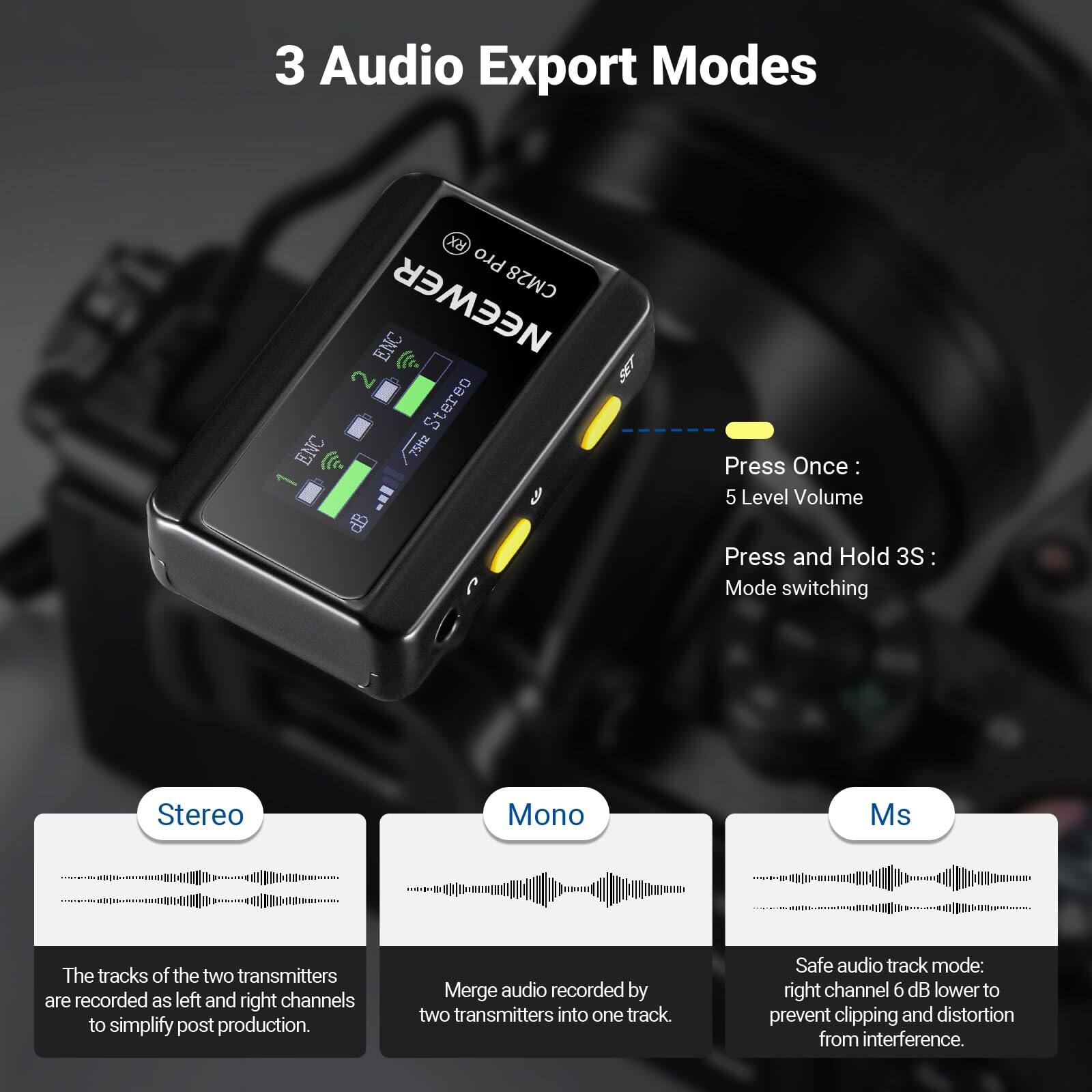 3 Audio Export Modes

Press Once:  
5 Level Volume

Press and Hold 3S:  
Mode switching

Stereo  
The tracks of the two transmitters are recorded as left and right channels to simplify post production.

Mono  
Merge audio recorded by two transmitters into one track.

Ms  
Safe audio track mode: right channel 6 dB lower to prevent clipping and distortion from interference.