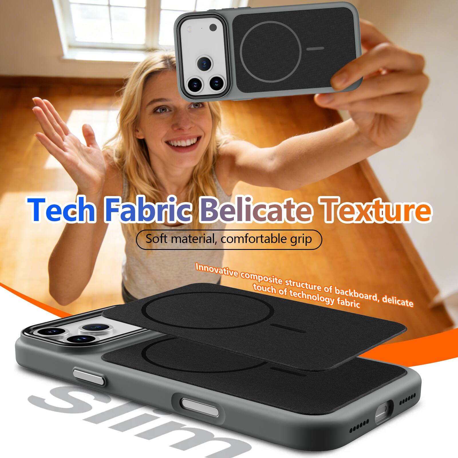Tech Fabric Delicate Texture  
Soft material, comfortable grip  
Innovative composite structure of backboard, delicate touch of technology fabric