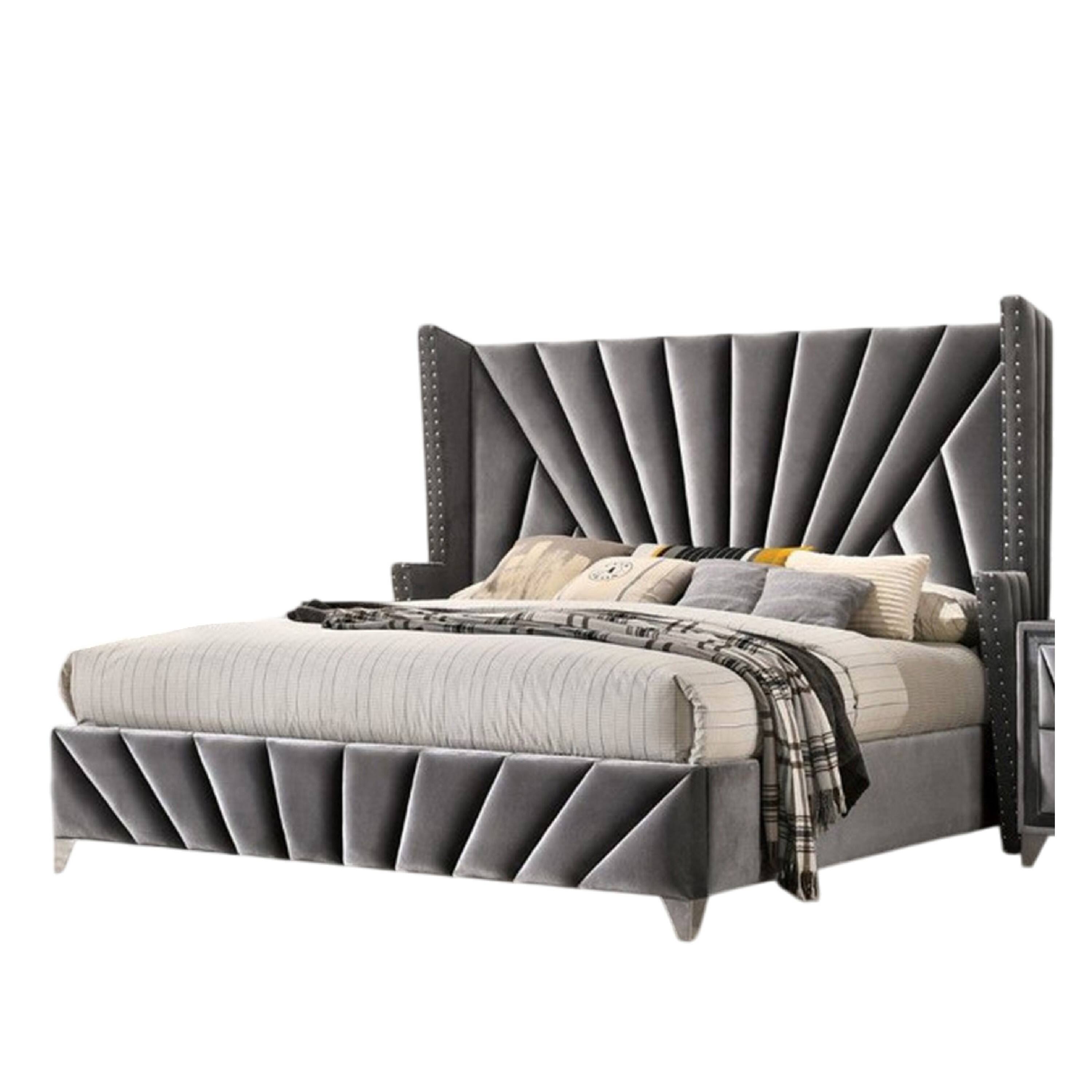 Alt View 1. Manhattan Lane - Ino Queen Size Bed w Wingback Headboard, Gray Fabric Upholstery - Gray, Chrome.