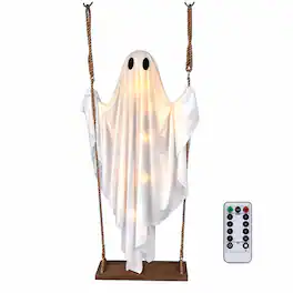 FASCINATE - 5-ft Lighted Hanging Swing Ghost Halloween Decoration with Remote, 8 Lighting Modes and Timer - White