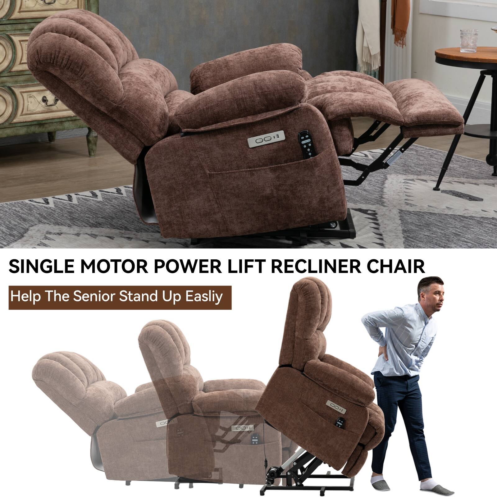 SINGLE MOTOR POWER LIFT RECLINER CHAIR  
Help The Senior Stand Up Easily