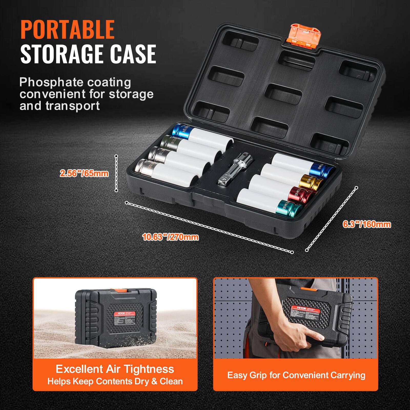 PORTABLE STORAGE CASE

Phosphate coating convenient for storage and transport

2.56"/65mm  
10.63"/270mm  
6.3"/160mm

Excellent Air Tightness  
Helps Keep Contents Dry & Clean

Easy Grip for Convenient Carrying