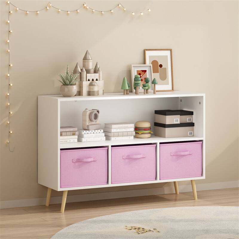 Alt View 4. HTUTWOO - Kids Bookcase with Collapsible Fabric Drawers - Children's Book Display, Toy Storage Cabinet Organizer - White+Pink.