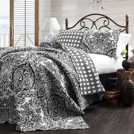 Hivvago - King size 3-Piece Cotton Quilt Set in Black White Paisley Damask - Black, White