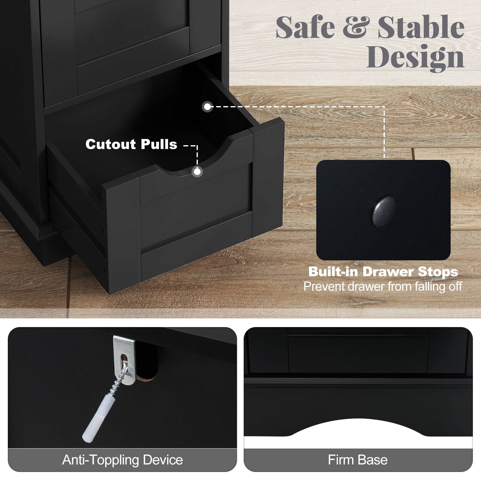 Safe & Stable Design

- Cutout Pulls
- Built-in Drawer Stops
  - Prevent drawer from falling off
- Anti-Topping Device
- Firm Base
