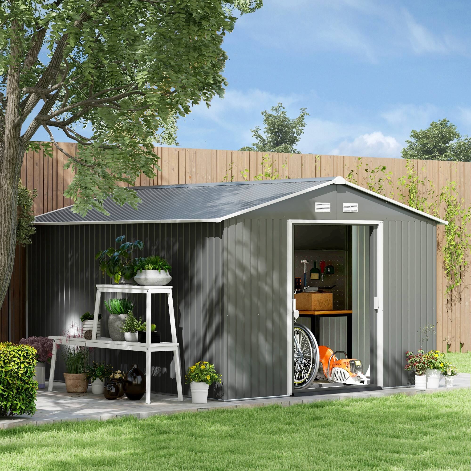 Alt View 1. Outsunny - 11' x 9' Outdoor Storage Shed, Garden Tool Metal Shed with Foundation Kit, Double Lockable Door.