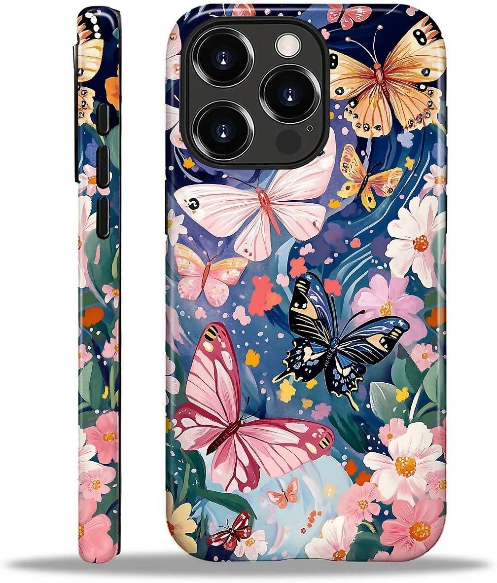 BUBM - Smartphone Case for iPhone - 2-Layer Durable Smartphone Protection Case - Butterflies Flowers Garden - Butterflies Flowers Garden for iPhone 16 Pro