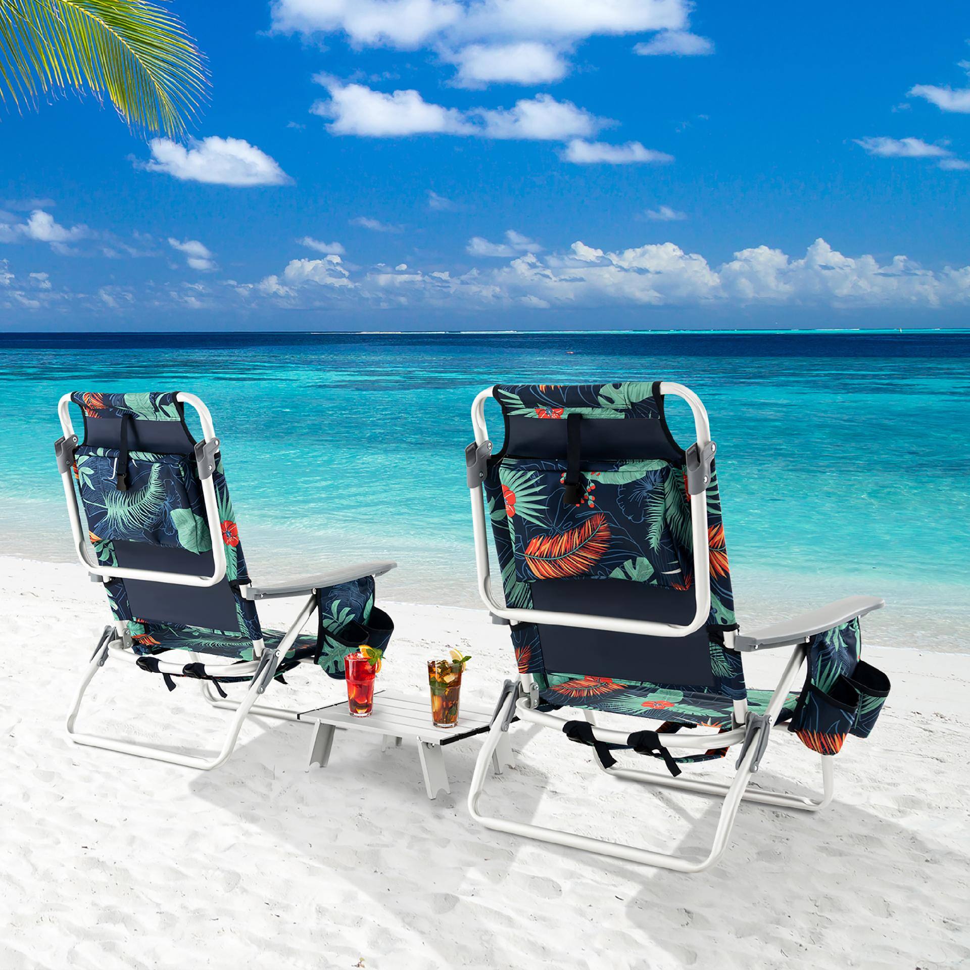 Gymax - 2-Pack Folding Backpack Beach Chair Table Set 5-Position Outdoor Reclining Chair - Flower