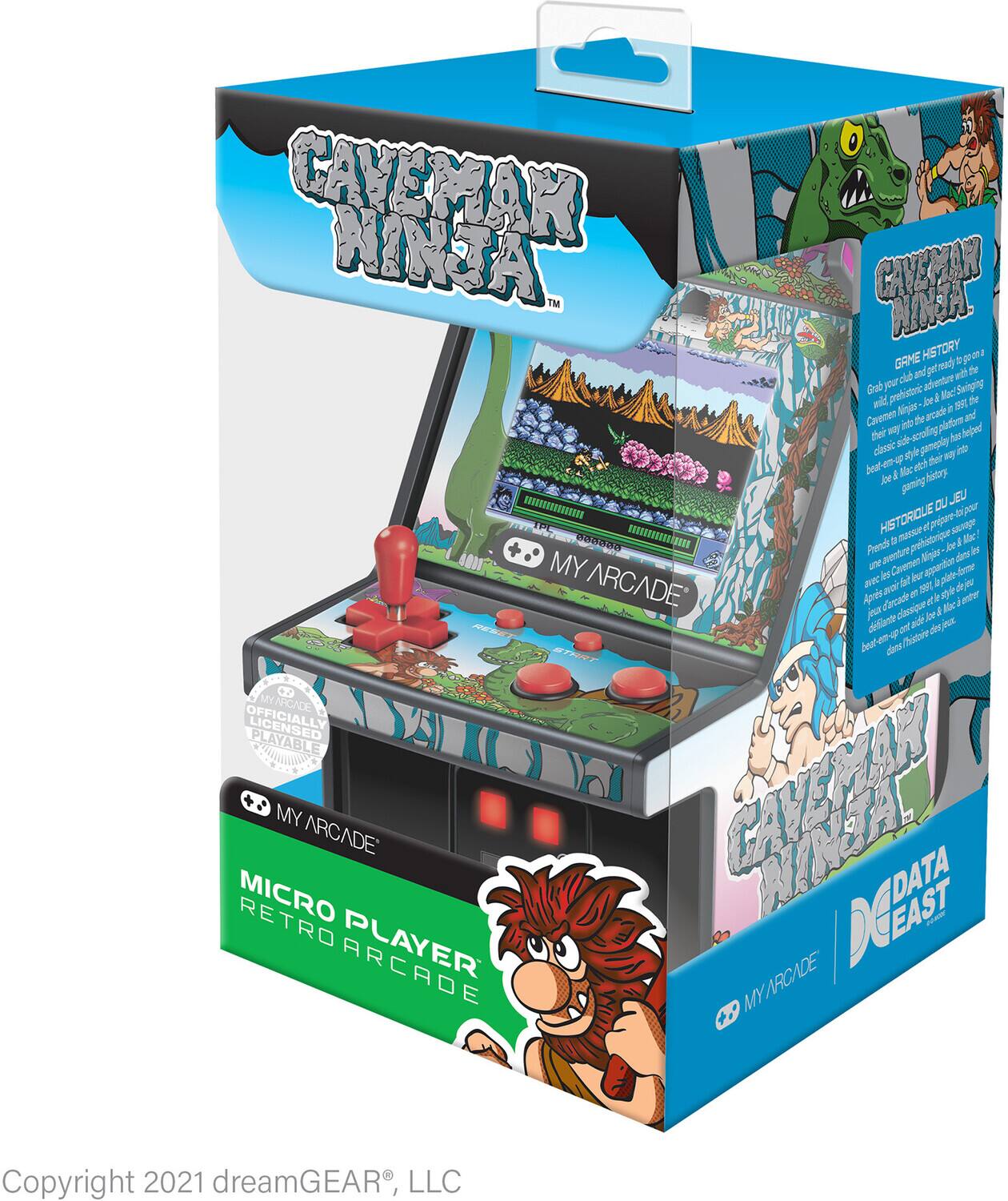 **Caveman Ninja**

**Game History**

Caveman Ninja is a wild, young adventure & fighting game that takes you into the prehistoric world of cavemen. Play as a caveman or a ninja and fight your way through the prehistoric era. Collect power-ups and defeat enemies to progress through the levels.

**Historique du Jeu**

Caveman Ninja est un jeu d'aventure et de combat qui vous emmène dans le monde préhistorique. Jouez en tant que caveman ou ninja et affrontez des ennemis pour progresser dans les niveaux. Collectez des objets et des pouvoirs pour vaincre vos adversaires.

**Micro Player Retro Arcade**

**My Arcade**

**Data East**

**Officially Licensed Playable**

**Copyright 2021 dreamGEAR, LLC**