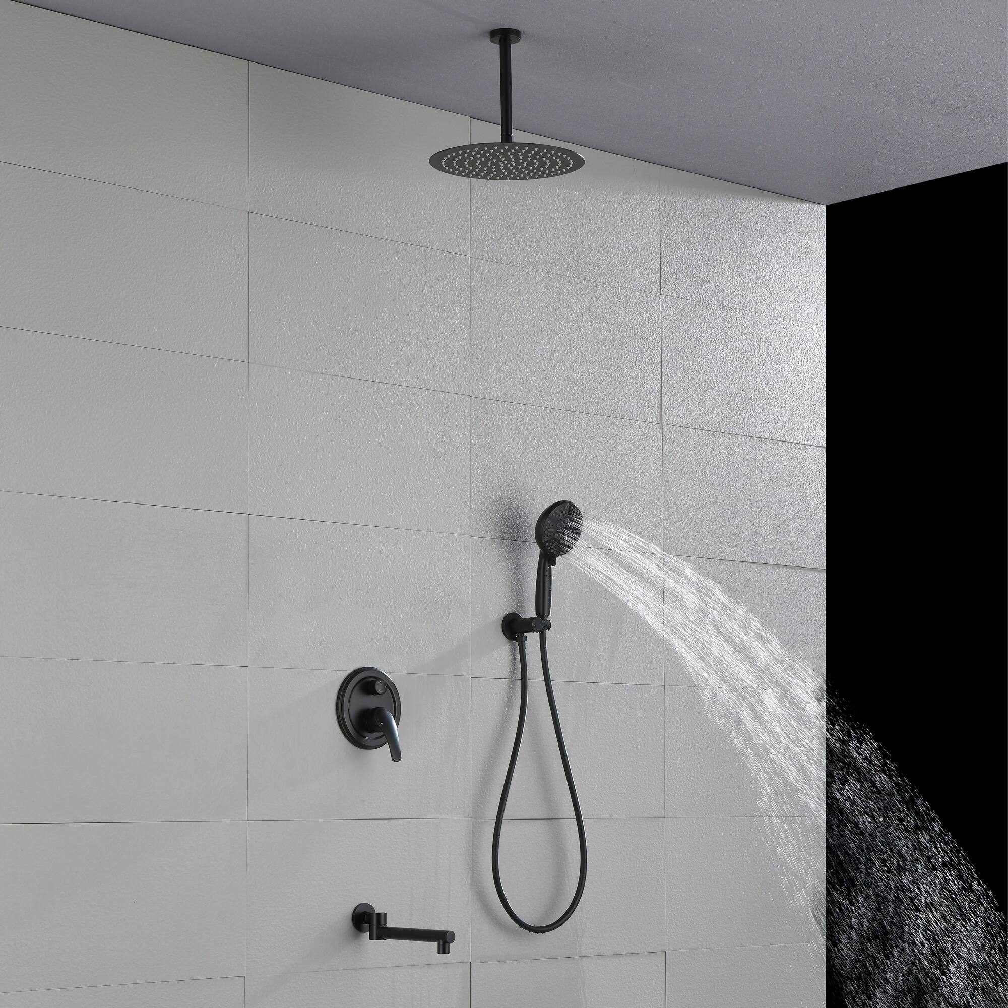 Alt View 2. Boyel Living - Matte Black 12-Inch Rain Shower System Brass SUS304 3-Function Valve 7-Function Handheld 180° Spout cUPC - Black.