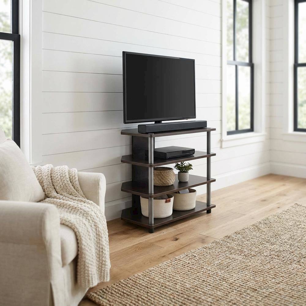 Back. FurniFact - Espresso 4-Tier TV Stand, Easy Assembly, Composite Wood Construction - Brown Black.