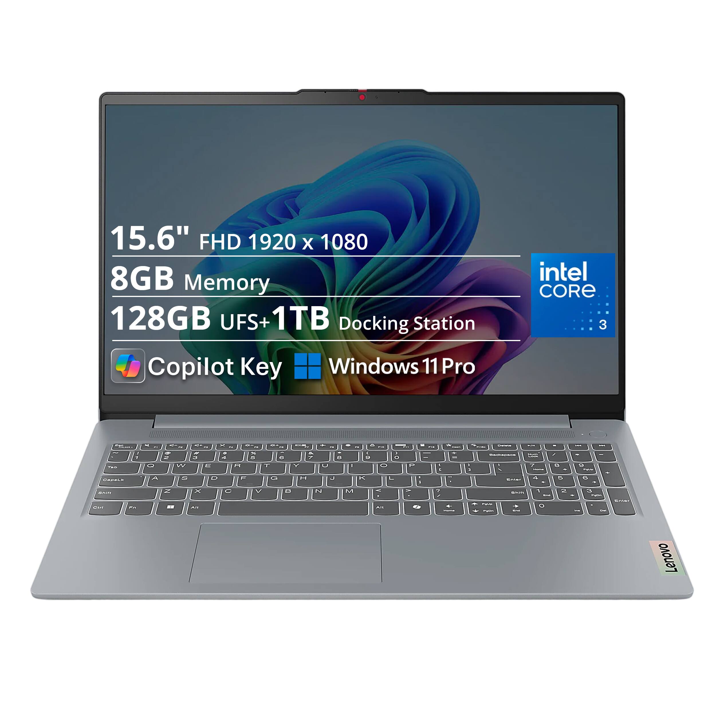 15.6" FHD 1920 x 1080  
8GB Memory  
128GB UFS+1TB Docking Station  
Intel Core 3  
Copilot Key  
Windows 11 Pro  
Lenovo