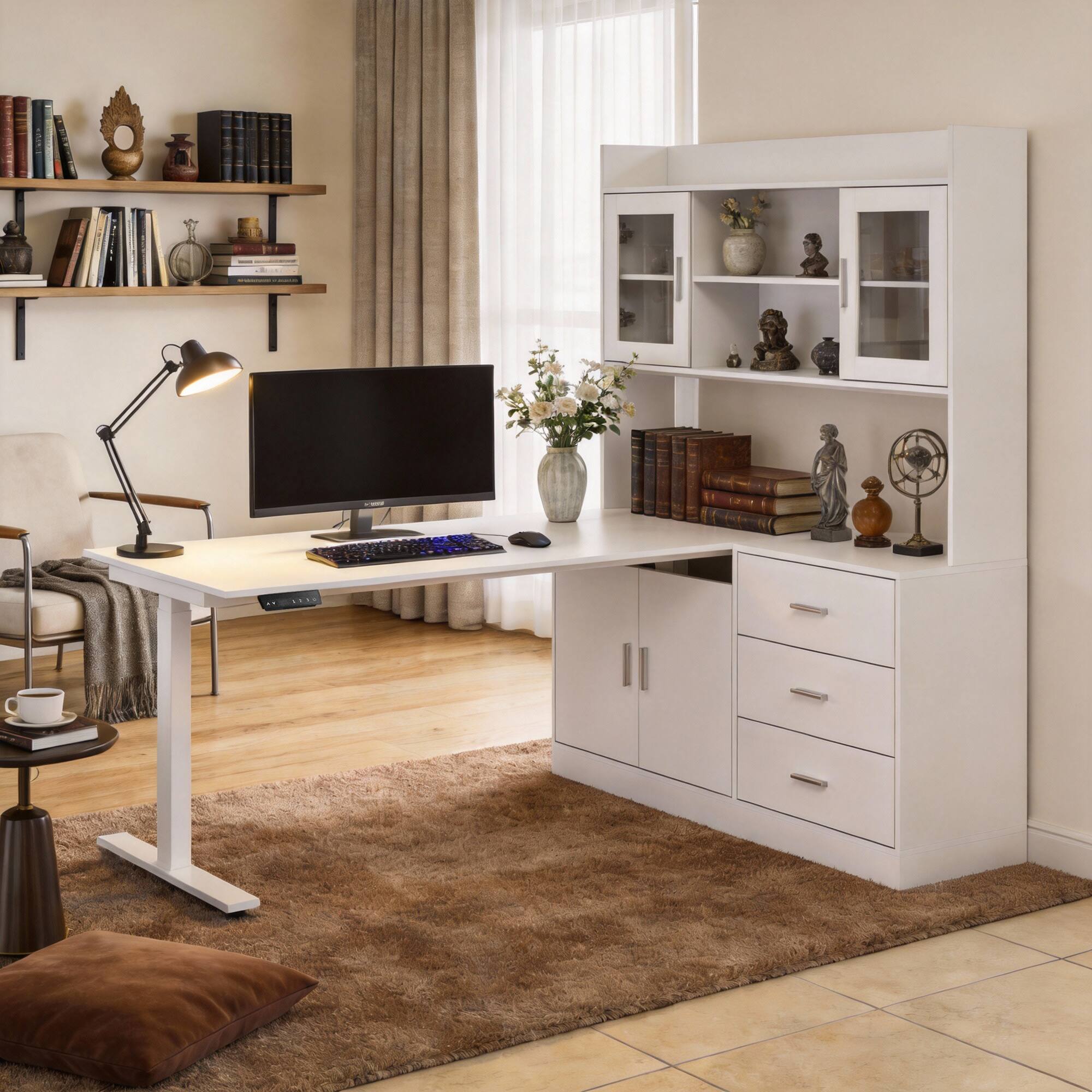 Left. Famapy - Famapy Electric Standing Desk with Storage: Ergonomic, Organized, Modern Home Office Solution - White.