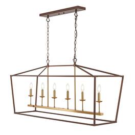 Jonathan Y - Pagoda 49" 6-Light Classic Traditional Metal Linear Cage Lantern LED Pendant, Oil Rubbed Bronze/Brass Gold - Oil-Rubbed Bronze
