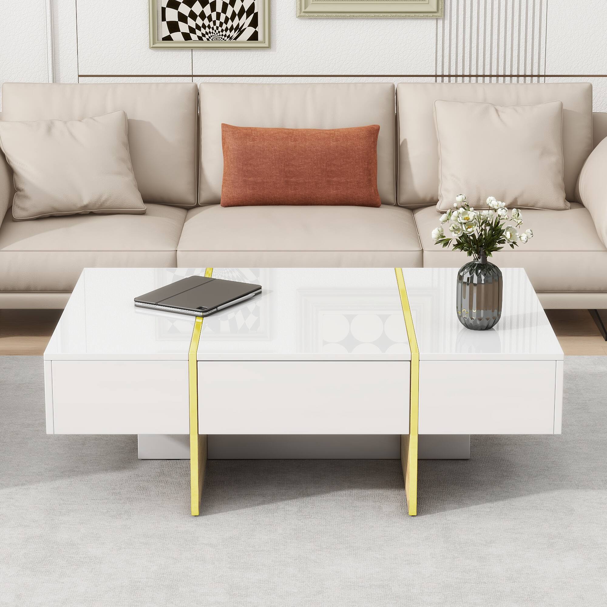 Angle. Tiramisubest - Minimalist High Gloss Coffee Table with 2 Drawers,Multi-Storage Rectangle Sofa Table with Golden Wood Grain Legs,White - White.
