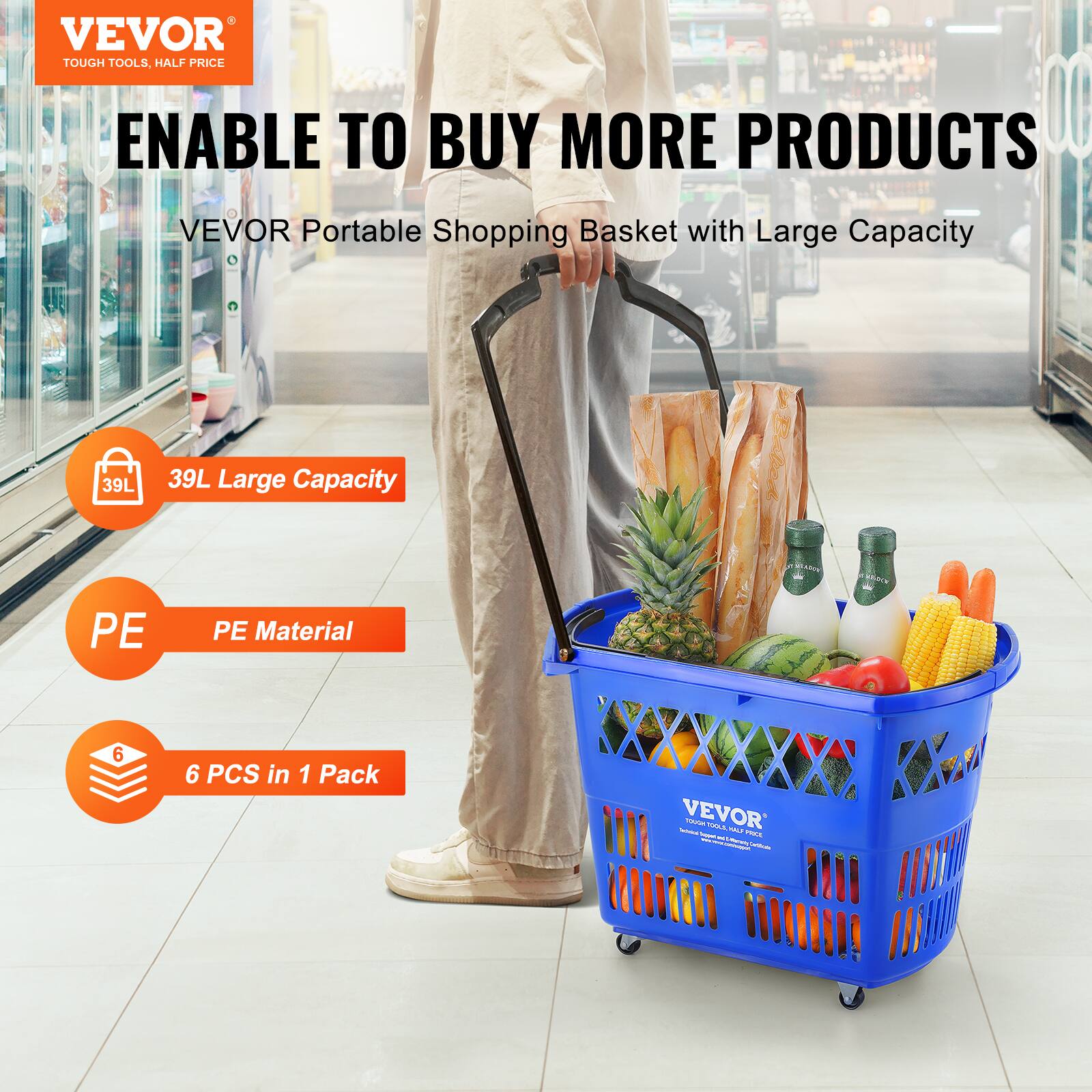 VEVOR TOUGH TOOLS, HALF PRICE ENABLE TO BUY MORE PRODUCTS

VEVOR Portable Shopping Basket with Large Capacity

39L Large Capacity

PE Material

6 PCS in 1 Pack