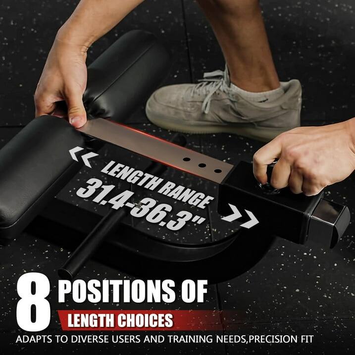 << LENGTH RANGE 31.4-36.3" > 8 POSITIONS OF LENGTH CHOICES ADAPTS TO DIVERSE USERS AND TRAINING NEEDS, PRECISION FIT