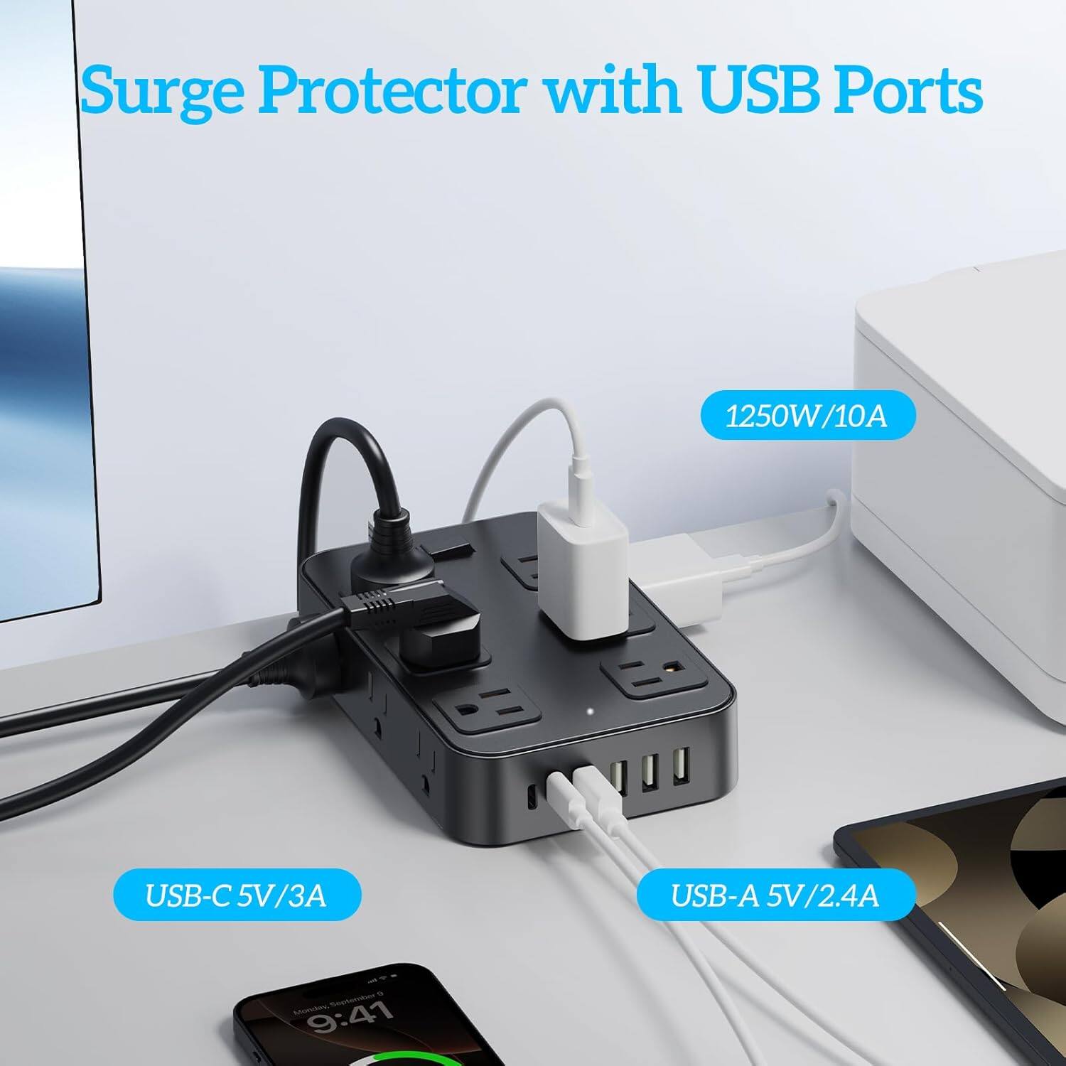 Surge Protector with USB Ports

1250W/10A

USB-C 5V/3A

USB-A 5V/2.4A